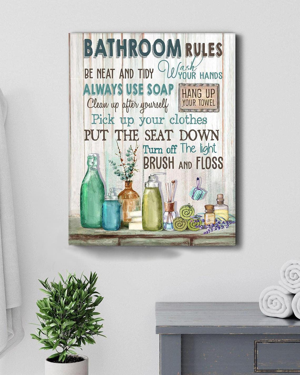 Rustic Bathroom Wall Art Decor - Framed Canvas Prints with Wood Background for Modern Farmhouse, Bath & Laundry Room | Bathroom Rules Signs & Pictures for Home Decoration | Perfect for Spa-Like Retreats & Cozy Farmhouse Style