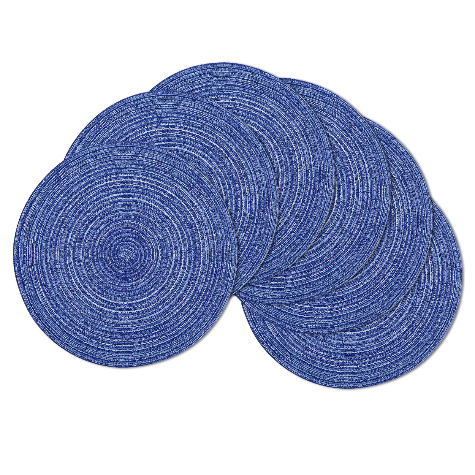 SHACOS 15 Inch Round Braided Placemats Set of 6 - Washable Cotton Table Mats for Kitchen, Dining, Home Decor - Perfect for Wedding, Party & Everyday Use (Blue & White)