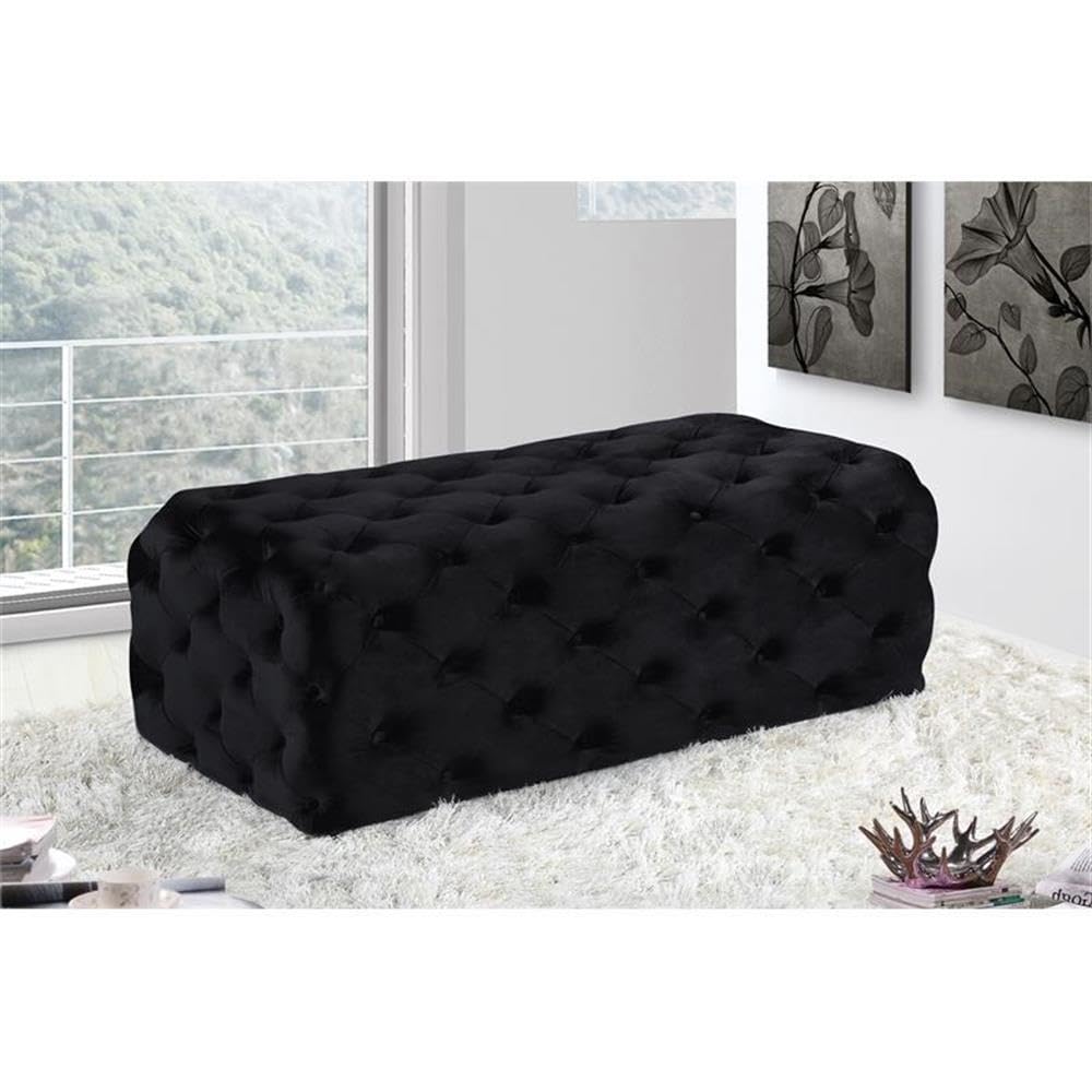 MAKLAINE Contemporary Button Tufted Black Velvet Ottoman Bench - Stylish Footrest & Extra Seating for Living Room, Bedroom or Entryway