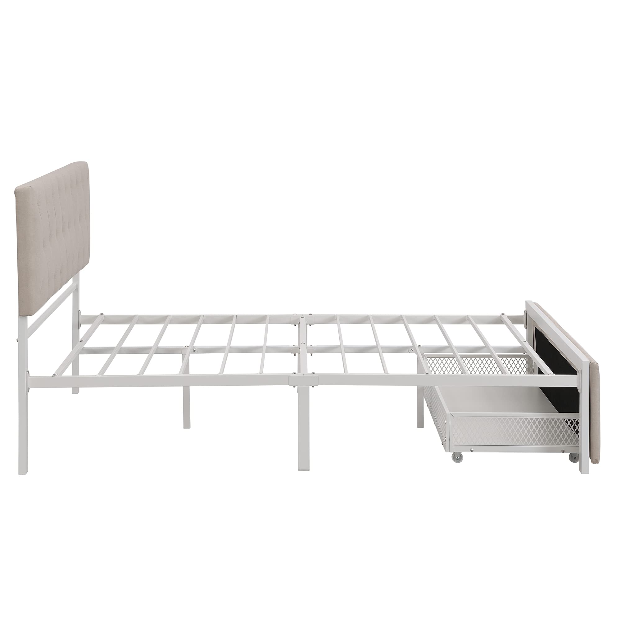 Kids Metal Storage Bed with Large Drawer - Full Size Platform Bed Frame No Box Spring Needed, Beige | Space-Saving Bedroom Solution for Children's Rooms & Small Spaces