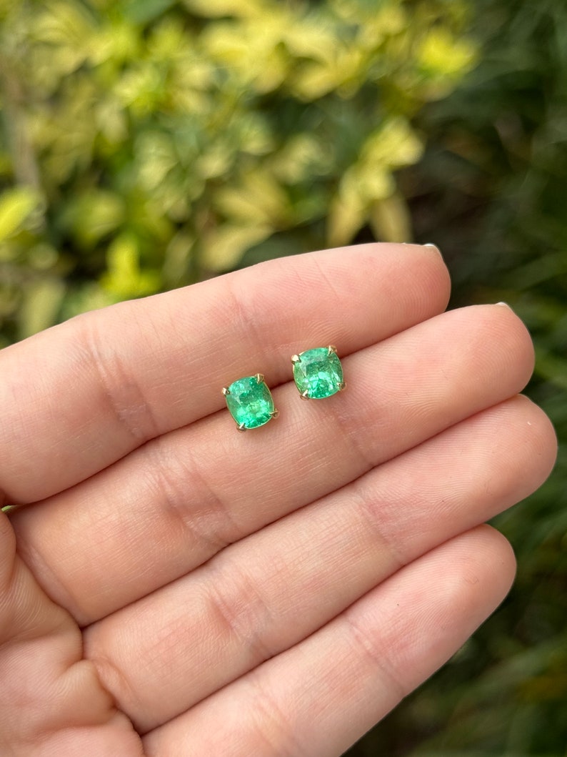 2.41tcw 14K Gold Vivid Green Emerald Cushion Cut Stud Earrings for Women - Luxury Birthstone Jewelry Gift for Mother's Day, Anniversary & Special Occasions