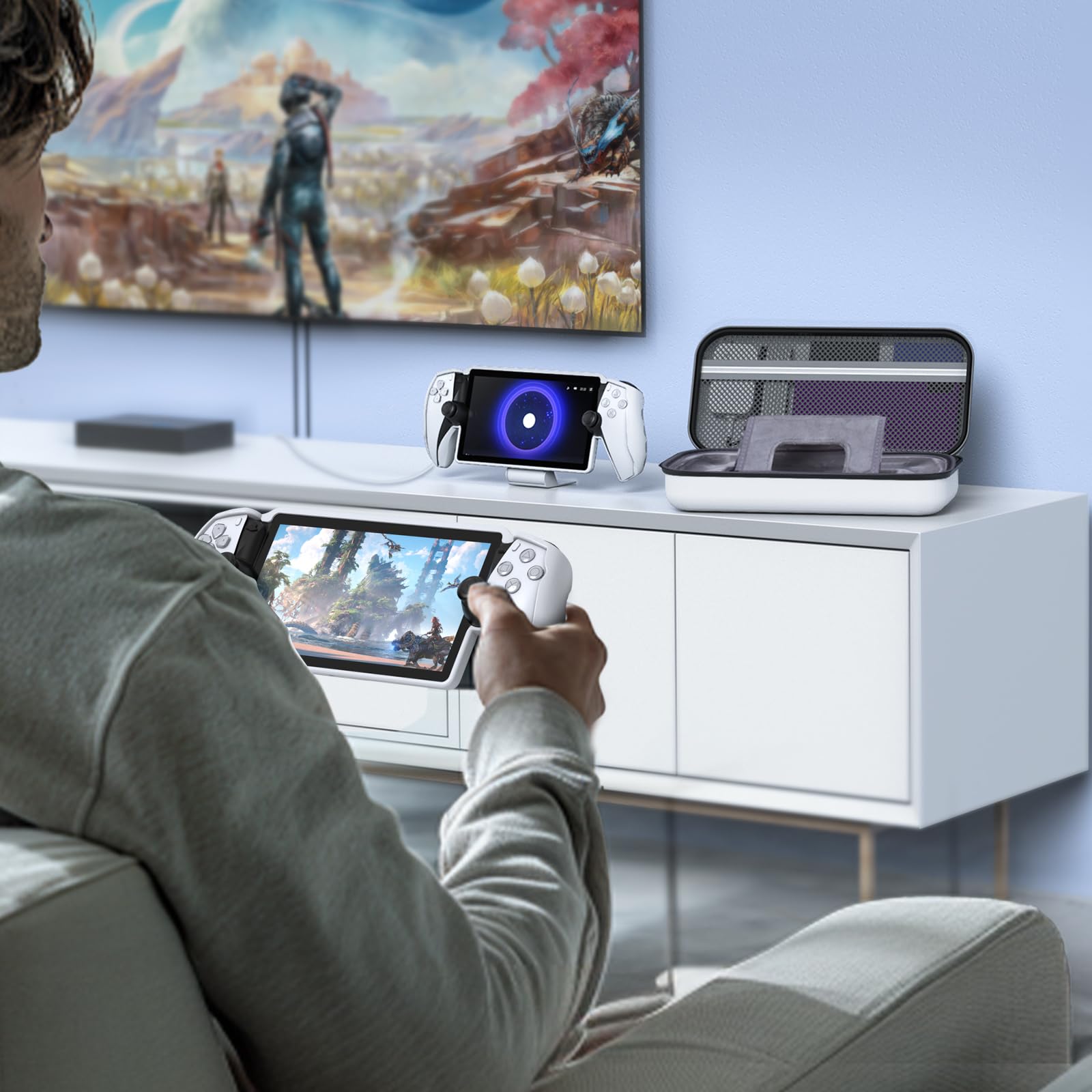 PlayStation Portal Accessories Bundle - Portable Carrying Case, Magnetic Charging Dock for PS5 Portal, Protective Cover, 2 HD Screen Protectors, Wired Headphones & 4 Thumb Grips - Perfect for Gaming On-The-Go & Travel Protection