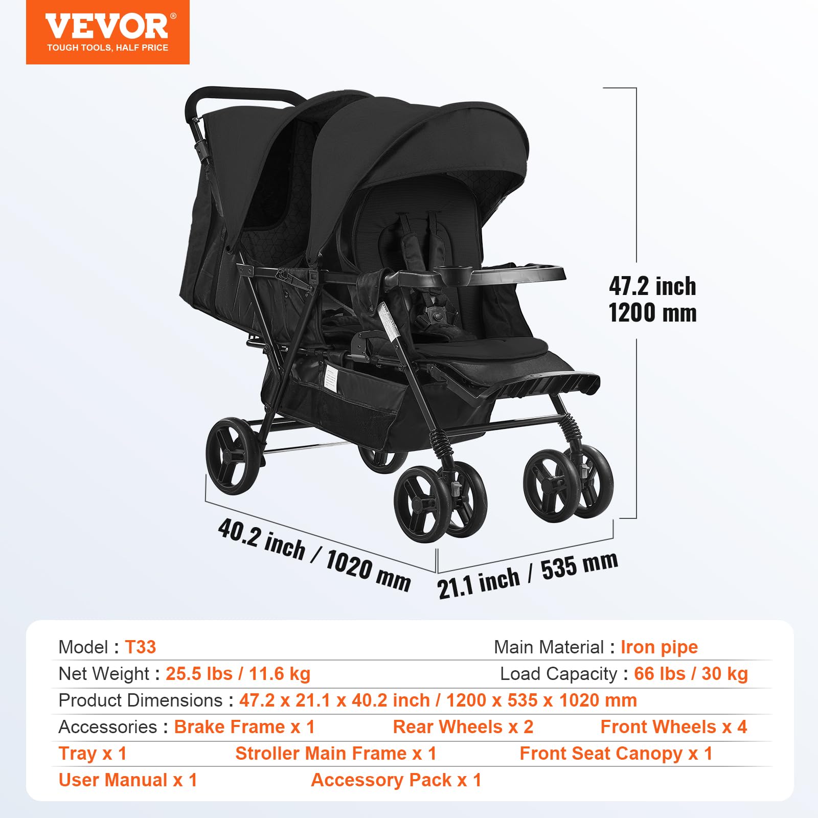 VEVOR Double Stroller for Toddlers - Lightweight Side by Side Baby Stroller with Canopy, Adjustable Seats & Storage Basket - Perfect for Twins, Siblings or Daycare Use at Parks, Malls & Travel