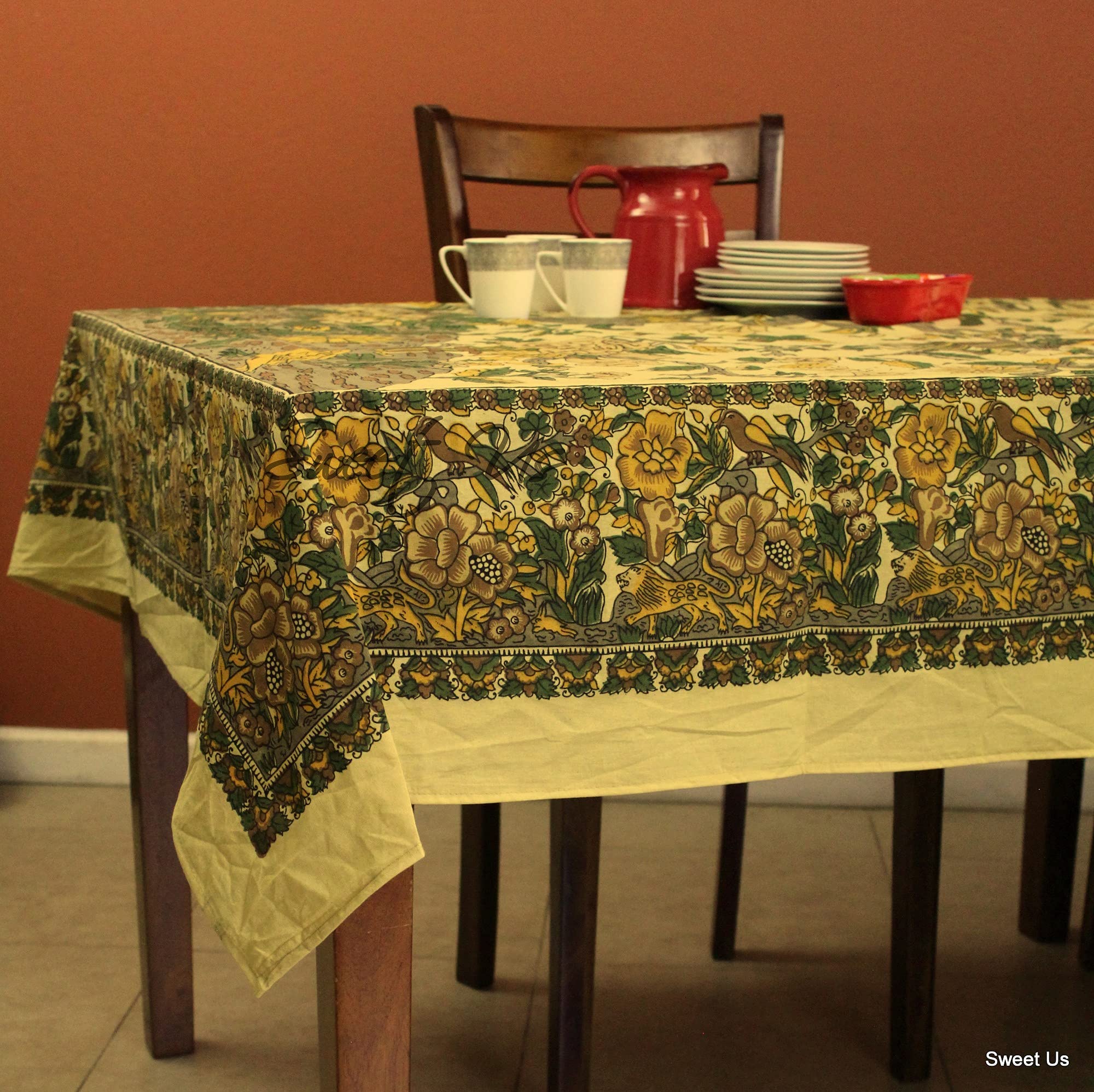 72x72 Inches Square Cotton Floral Tablecloth - Beige Yellow Linen Table Cover for Kitchen & Dining, Indoor & Outdoor Use - Perfect for Parties, Picnics, and Everyday Meals