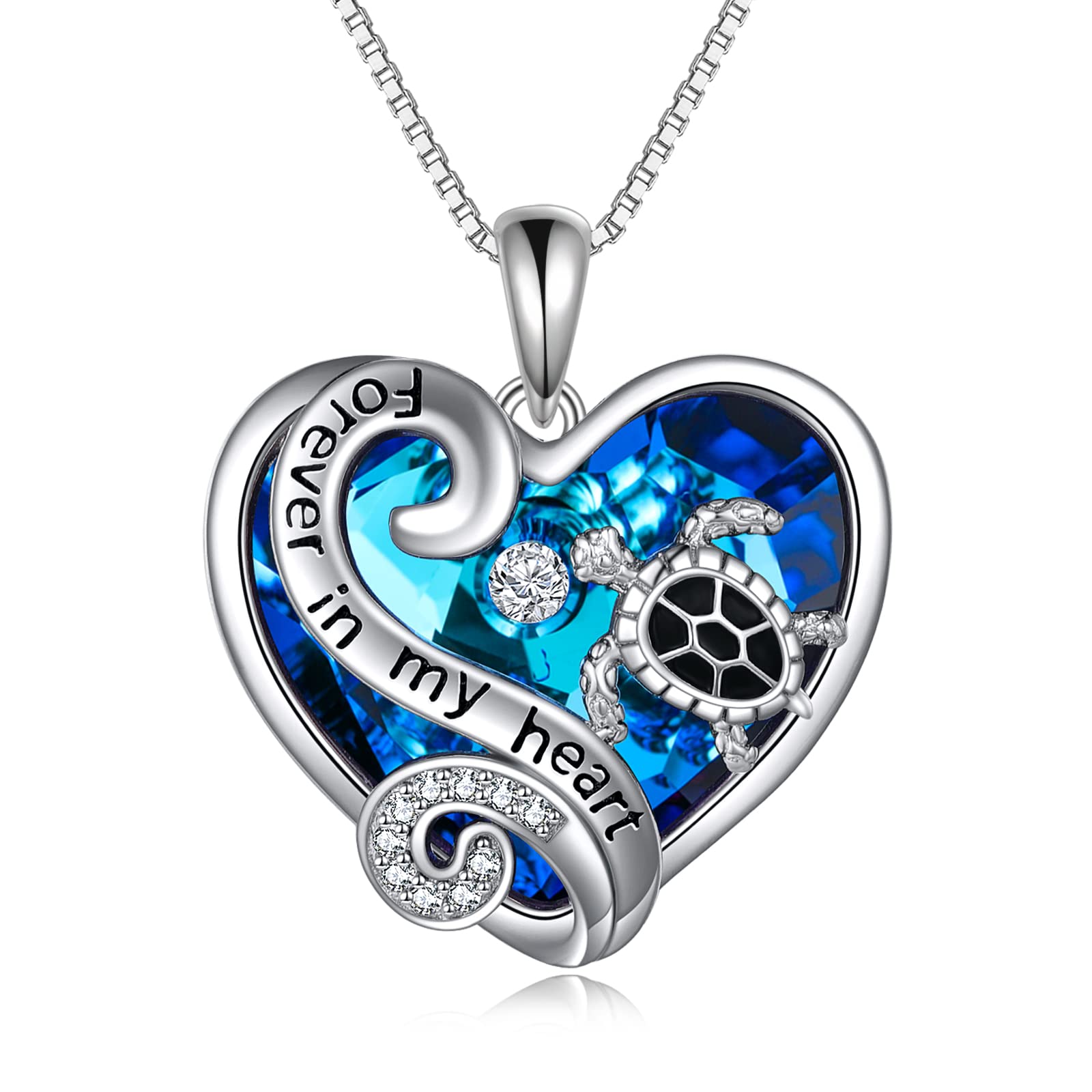 WINNICACA Sterling Silver Sea Turtle Necklace with Blue Crystal - Hawaiian Ocean Beach Theme Jewelry for Women, 18''+2'' Box Chain - Perfect Birthday Gift for Turtle Lovers | Beach Vacation, Anniversary & Everyday Wear