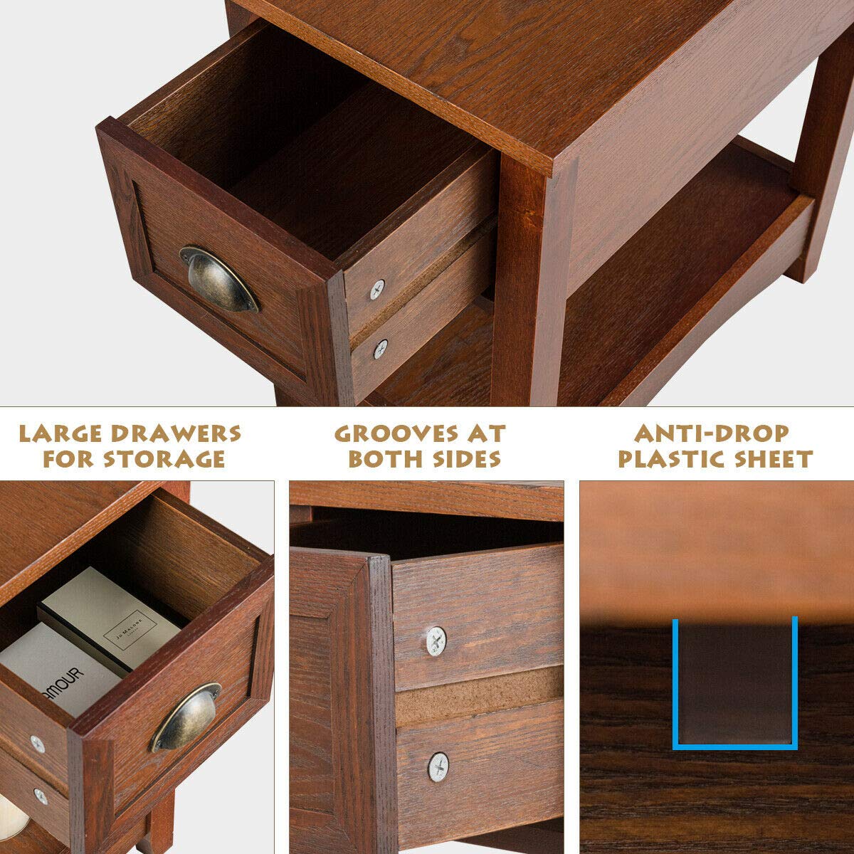 Giantex Retro Narrow End Table with Drawer & Storage Shelf - Solid Wood Nightstand for Bedroom, Living Room, Home Office - Perfect Small Space Solution for Bedside Storage & Decor (Walnut)