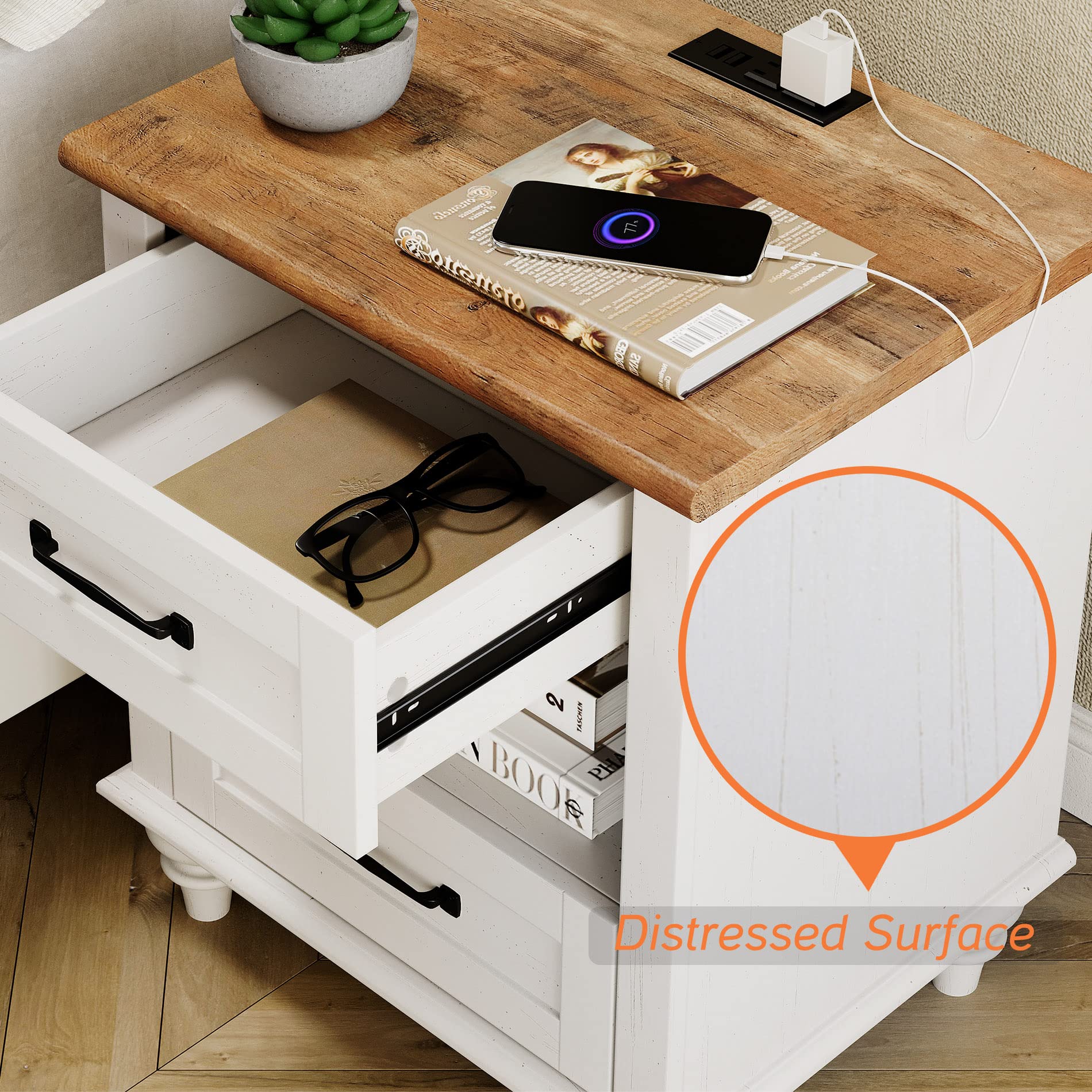 WAMPAT Set of 2 White Nightstands with USB Charging Station & 2 Drawers - Mid Century Modern Bedside Tables for Bedroom, Living Room & Dorm - Perfect for Phone Charging, Storage & Home Decor