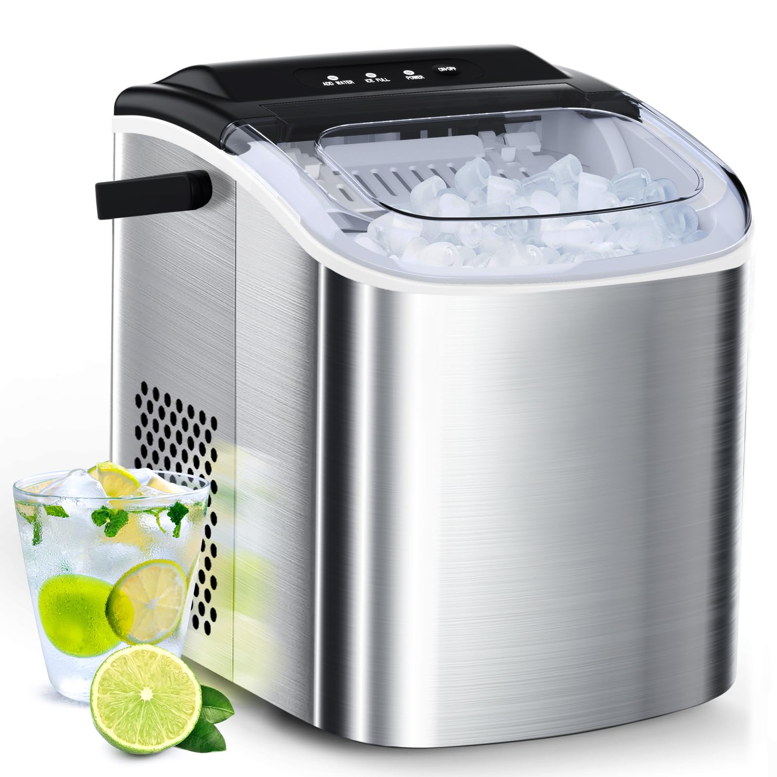 Joy Pebble Stainless Steel Countertop Ice Maker - 26Lbs/24H Capacity, Makes 9 Ice Cubes in 6-8 Minutes, Self-Cleaning Portable Ice Machine with Handle for Home, Office, Bar & Outdoor Use (Silver)