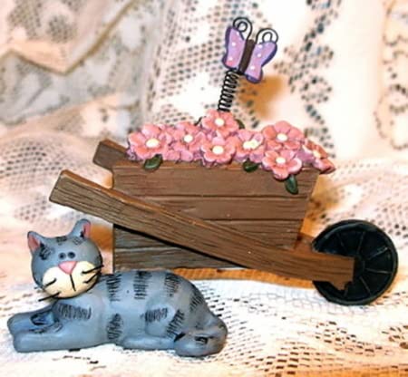 Grey Tabby Cat Kitten with Butterfly & Pink Flower Wheelbarrow Resin Figurine - Cute Home Decor for Cat Lovers, Perfect for Bookshelf, Desk or Gift
