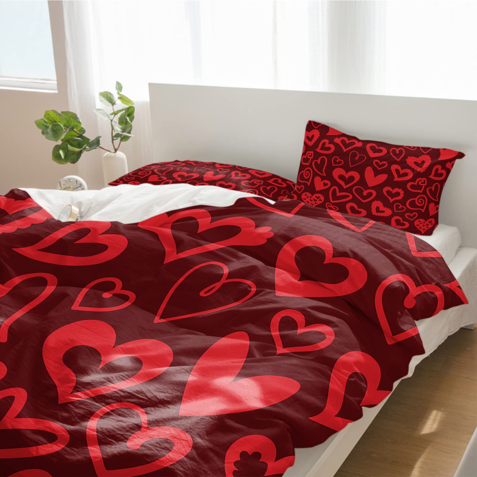 3 Pieces Valentine's Day Red Love Heart Duvet Cover Set - Cal King Size Luxury Soft Microfiber Quilt Cover with Pillowcases, Romantic Art Bedding for Couples - Perfect for Anniversary Gifts, Wedding Presents & Master Bedroom Decor