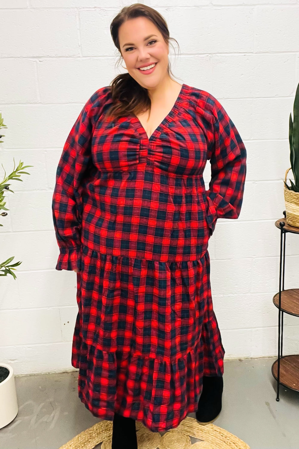 Stylish Red Plaid Elastic V-Neck Tiered Maxi Dress for Women | Flowy Long Summer Dress | Perfect for Beach, Vacation & Casual Outings