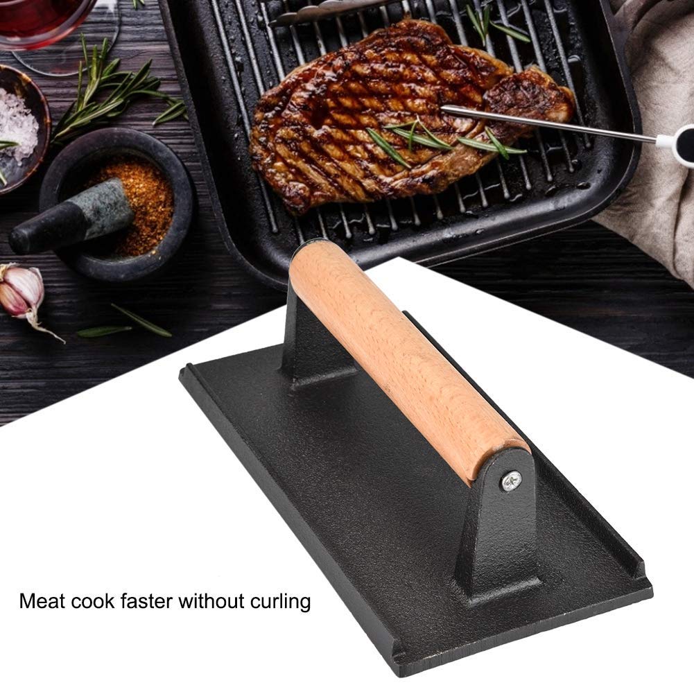 Heavy-Duty Cast Iron Grill Press - 8.1 x 4.1 x 2.8 Inch Non-Stick Steak & Bacon Press with Wooden Handle - Perfect for Hamburgers, Sandwiches & BBQ - Ideal for Grilling, Panini Pressing & Patty Making
