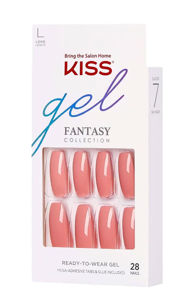 KISS Gel Fantasy Collection Fake Nails - Long Coffin Shape Press On Nails with Nail Glue & File | Pink Urbane Style | 28 Smudge-Proof Glue On Artificial Nails for Manicure | Perfect for Parties, Weddings & Special Occasions