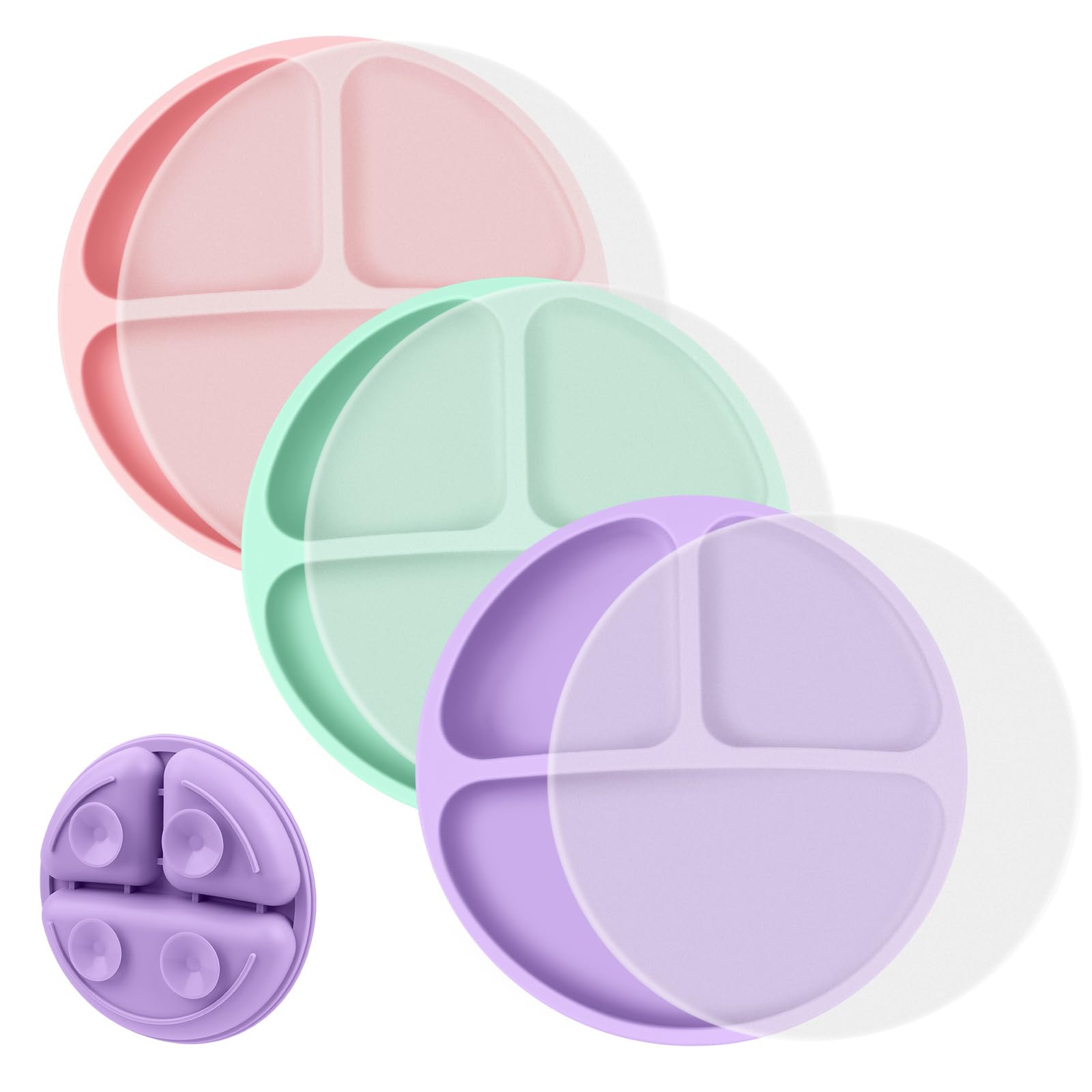 Vicloon 3-Piece Silicone Toddler Plates with Lids - BPA Free, Divided Suction Plates for Babies & Kids | Microwave & Dishwasher Safe | Perfect for Highchair, Travel & Mess-Free Meals