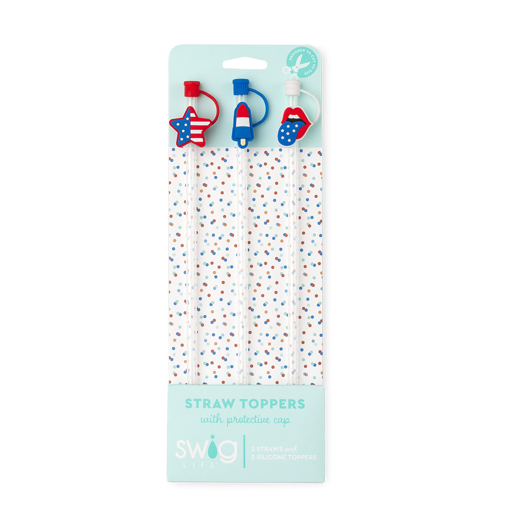 All American Straw Topper Set - Patriotic Drink Decorations for 4th of July, Memorial Day & BBQ Parties - Perfect for Red White Blue Themed Beverages