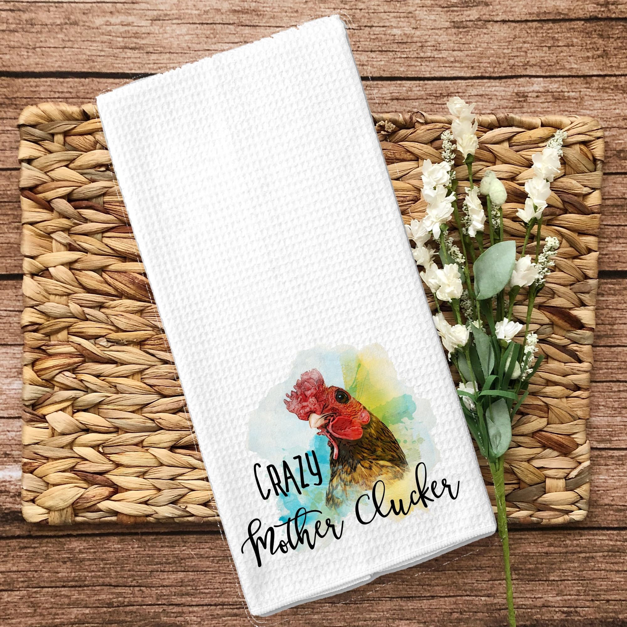 Funny Crazy Mother Clucker Rooster Chicken Design Farmhouse Kitchen Towel - Microfiber Waffle Weave Dish Towels for Drying Dishes - Perfect Farm Rustic Gift for Friends & Country Home Decor