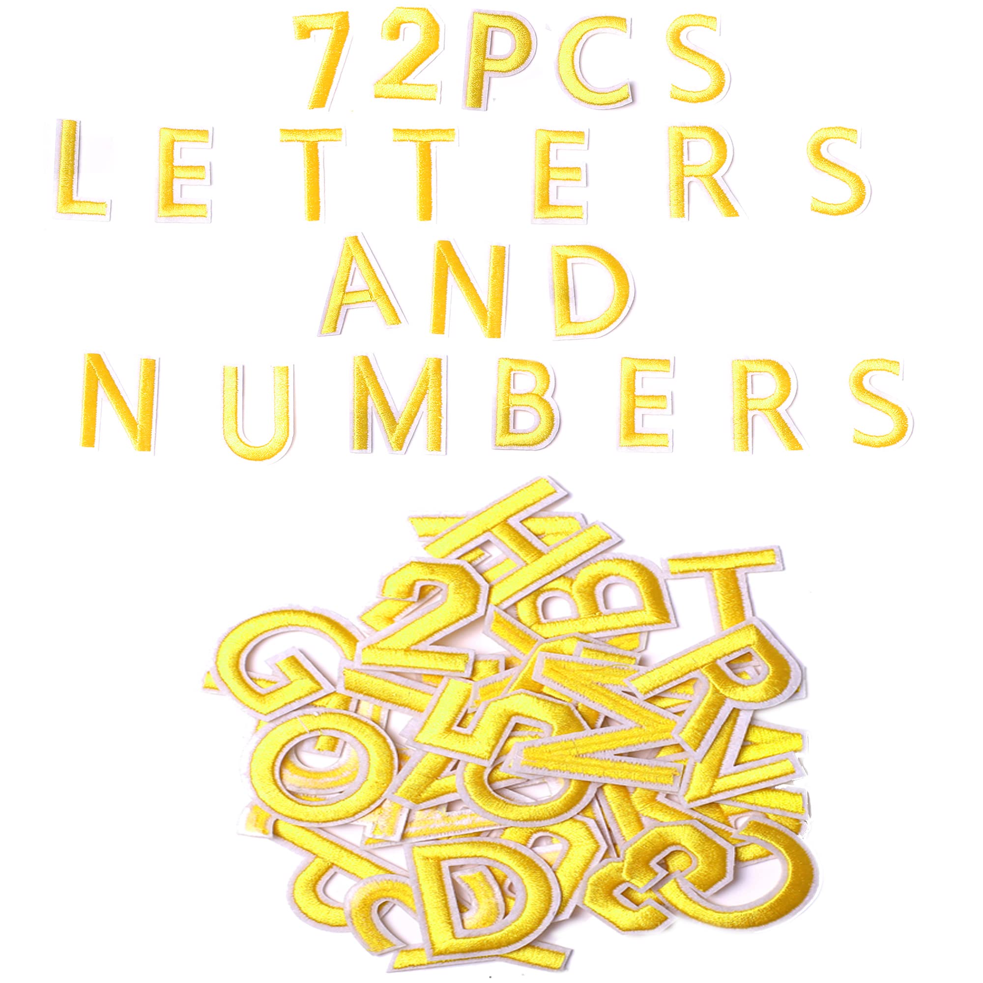 72 PCS Iron-On Embroidered Letters A-Z & Numbers 0-9 Patches for Clothes - DIY Applique for Hats, Jeans, Dresses & Accessories (Yellow) - Perfect for Customizing Jackets, Backpacks & Denim Crafts