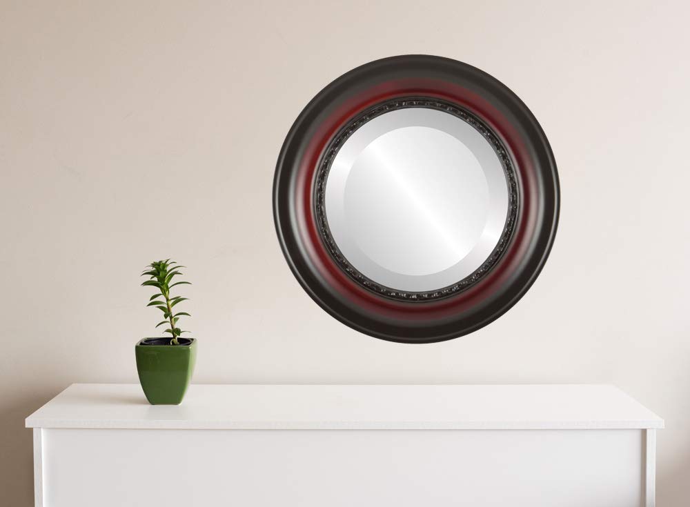 Ovalcrest 29x29 Inch Round Beveled Wall Mirror - Rosewood Frame - Chicago Style Home Decor Mirror for Living Room, Bedroom & Entryway