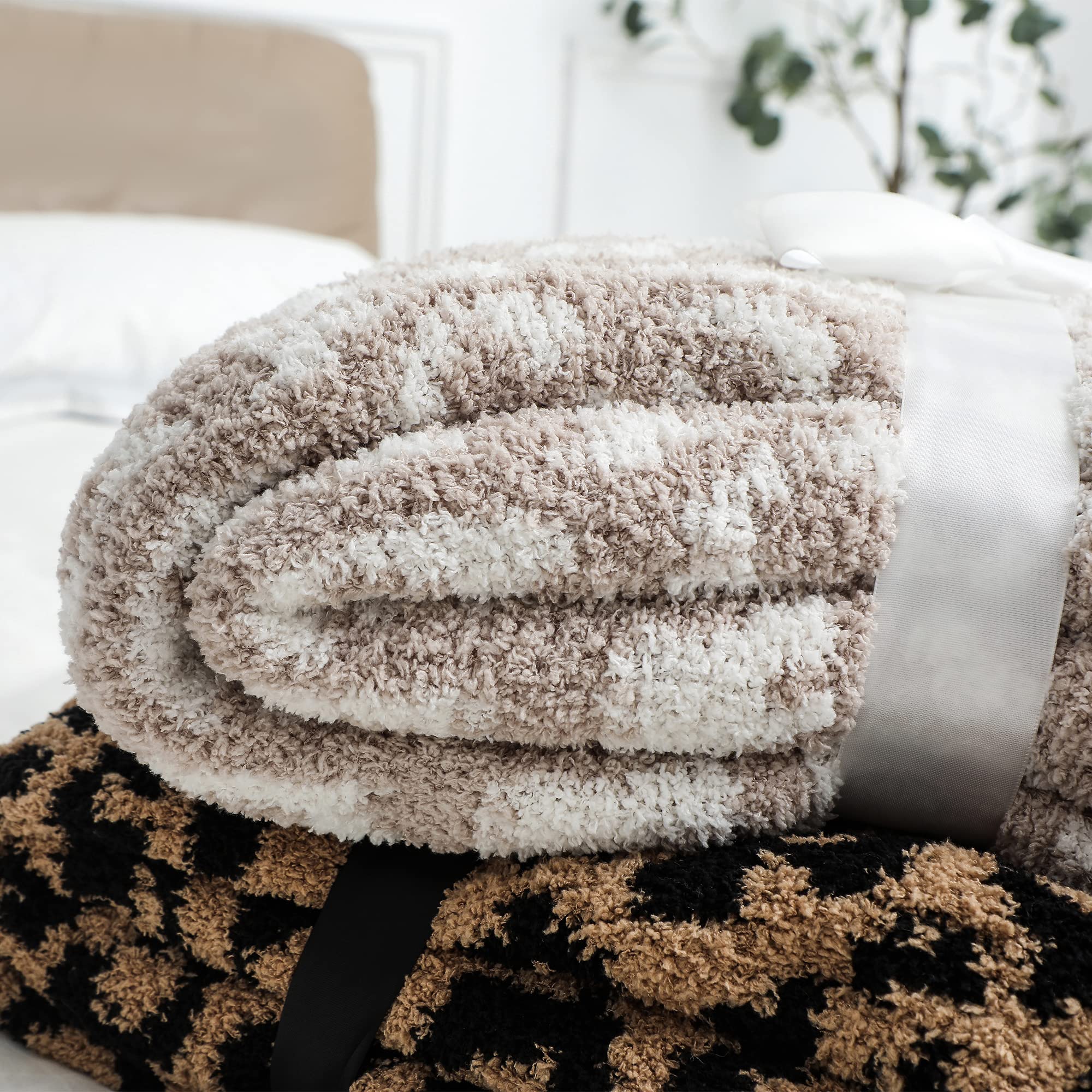Bearberry Fuzzy Leopard Print Knitted Throw Blanket - Ultra Soft Cozy Microfiber Blanket for Couch, Sofa, Bed & Travel - Warm & Breathable (Linen/Warm Gray, 51x70 inches) - Perfect for Winter Nights, Movie Time & Home Decor