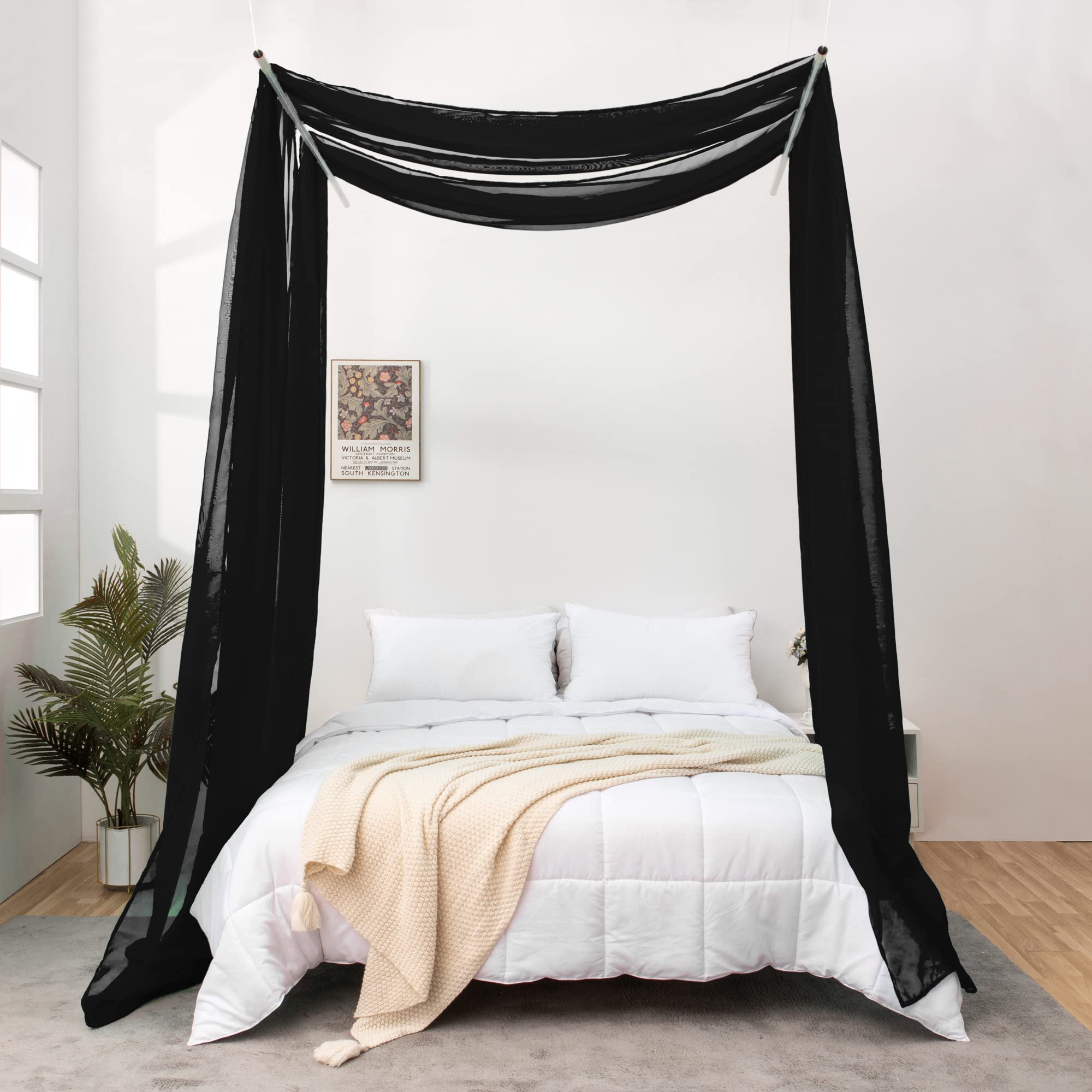 Black Sheer Bed Canopy Scarf 288 Inch Long - Elegant Bed Canopy for Girls & Adults, Decorative Window Valance Curtain (52