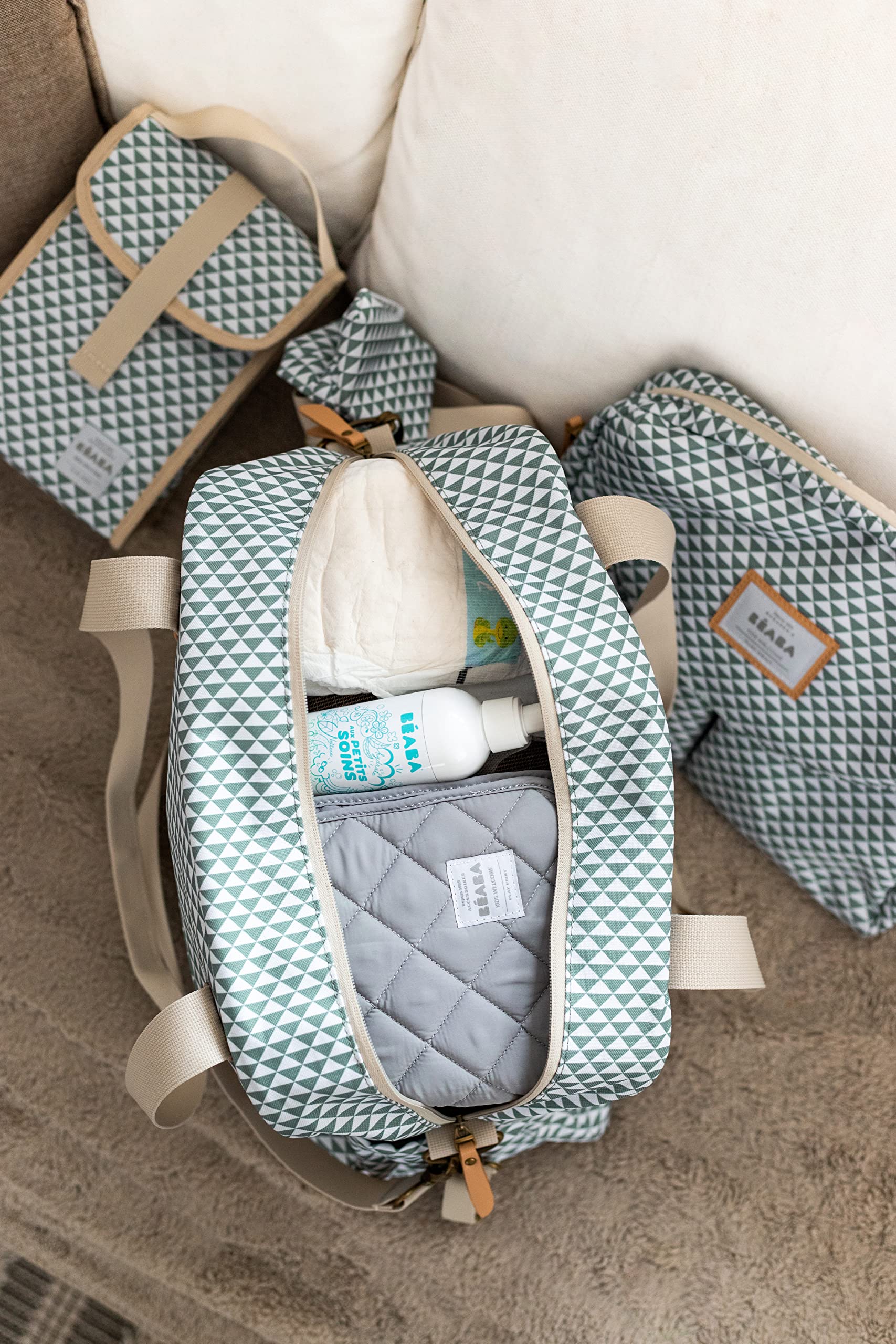 BEABA Geneva II Baby Changing Bag - Large Capacity Diaper Bag with Multiple Storage Pockets, Removable Front Pocket & Stroller Attachment | Includes Changing Mat & Insulated Lunch Pocket | Perfect for Travel, Daycare & On-the-Go Parents (Sage Green)