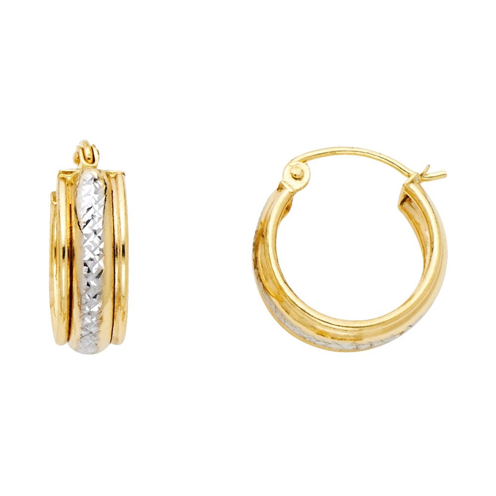 14K White & Yellow Gold Diamond-Cut Huggie Hoop Earrings for Women - 15mm Endless Hoop Earrings | Perfect for Everyday Wear, Date Nights & Special Occasions