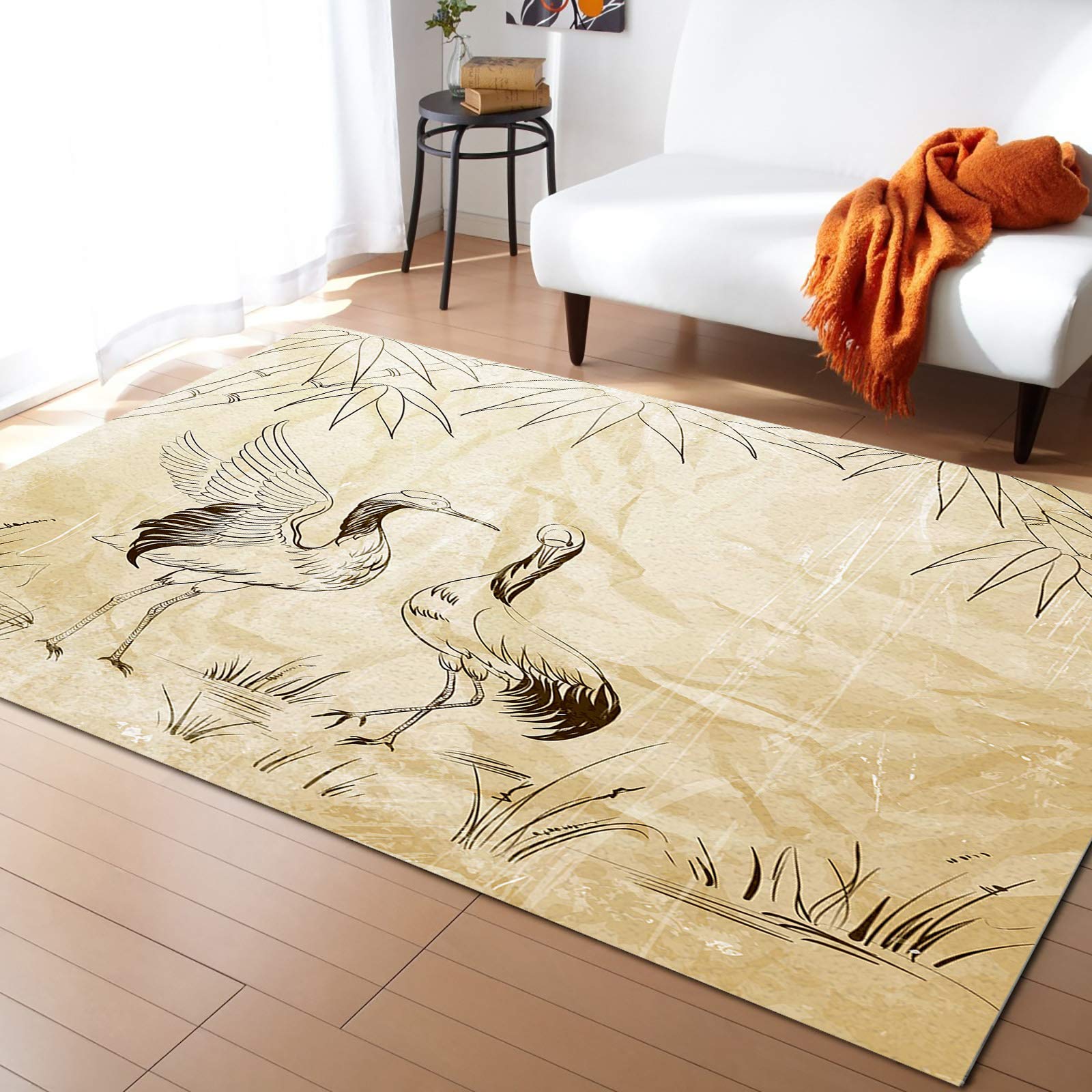Non-Slip Contemporary Indoor Area Rug with Vintage Crane & Bamboo Design - 5' x 7' Washable Rubber-Backed Carpet for Living Room, Bedroom Decor | Fade-Proof, Comfortable Floor Mat for Home, Office & Dorm Use