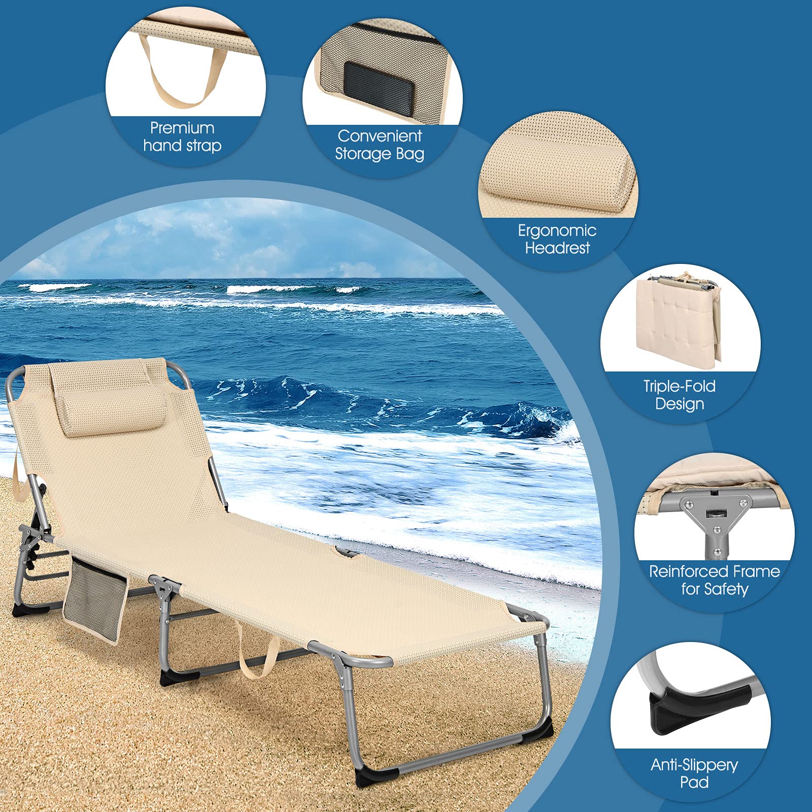 Giantex Adjustable Folding Chaise Lounge Chair with Mattress & Pillow - 4 Reclining Positions, Side Pocket - Perfect for Beach, Pool, Patio, Lawn, Deck & Camping (Beige, 2-Pack) - Ideal for Sunbathing, Relaxing & Outdoor Leisure