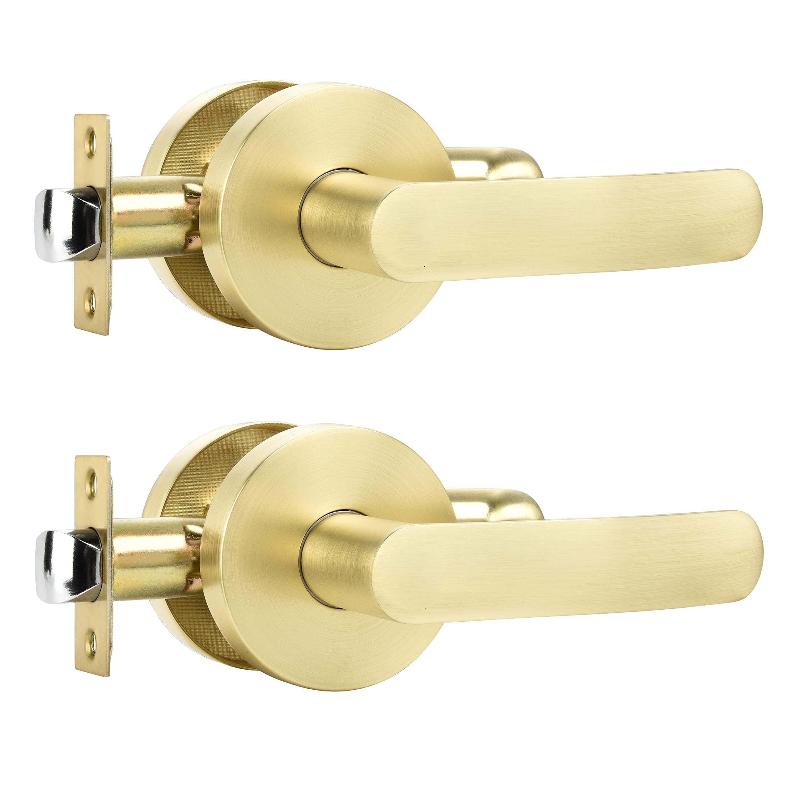2 Pack Satin Brass Passage Door Lever - Non-Locking Hallway & Closet Door Handle Set, Reversible Right/Left Handed Keyless Entry - Perfect for Bedrooms, Bathrooms & Interior Doors