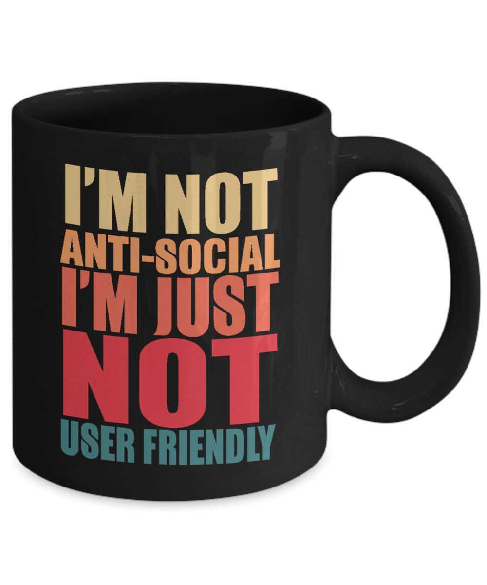 ZapBest Funny Introvert Coffee Mug - 'I'm Not Anti-Social, Just Not User Friendly' Quote - 11oz Black Porcelain Tea Cup for Office, Home & Gifts - Perfect for Coffee Lovers & Bookworms