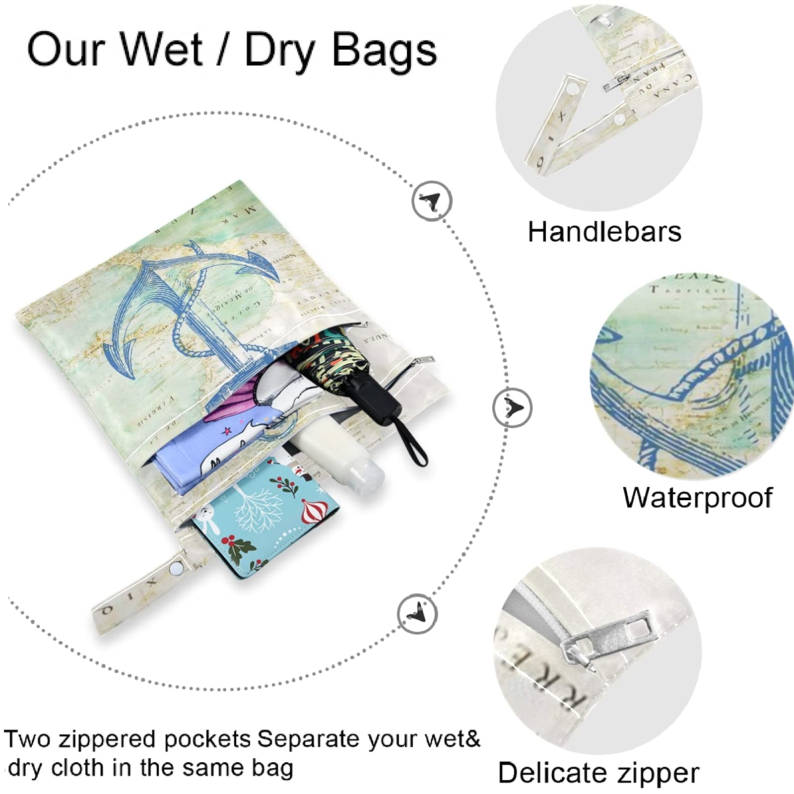 Visesunny Blue Anchor 2-Pack Waterproof Wet Bags with Zippered Pockets - Reusable & Washable Storage for Swimsuits, Gym Clothes, Diapers & Toiletries - Perfect for Travel, Beach, Pool, Daycare & Stroller Organization