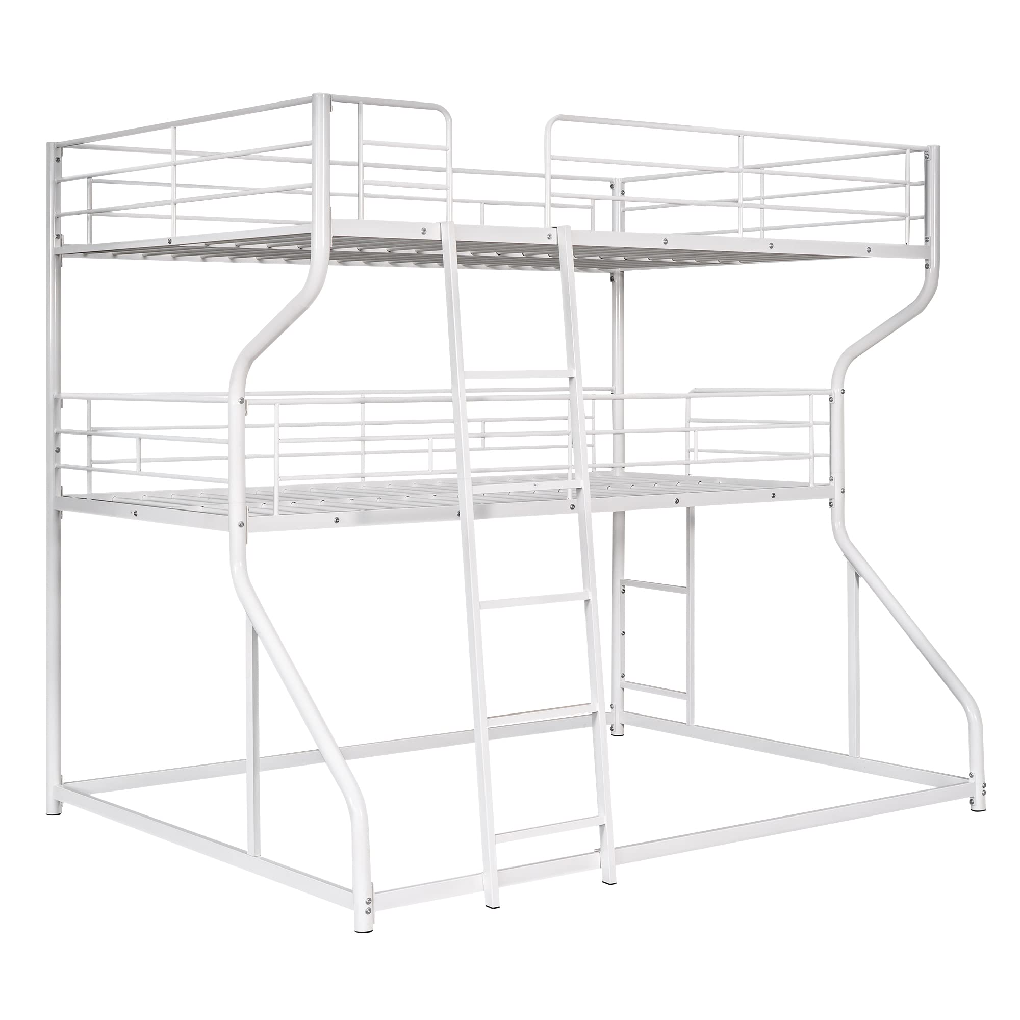 Sturdy Triple Bunk Bed Frame - Full XL Over Twin XL Over Queen Metal Bunk Bed with Ladder & Safety Rails for Kids, Teens & Adults | Space-Saving Bedroom & Dorm Furniture for Shared Rooms (White)