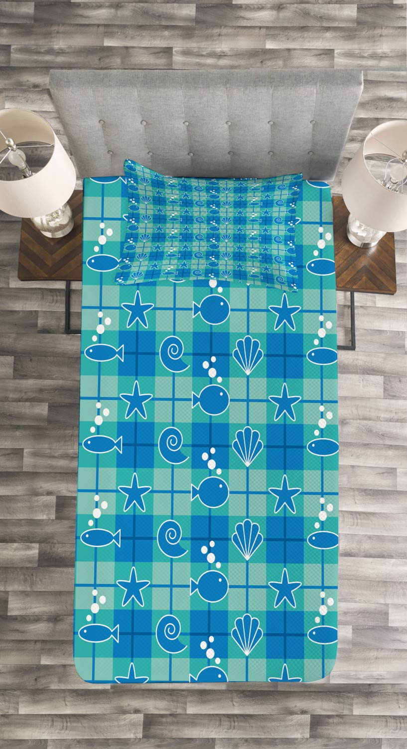 Ambesonne Sea Shells 3-Piece Twin Bedspread Set - Plaid Pattern with Cartoon Marine Silhouettes, Fish, Starfish & Bubbles - Mint Green Blue White Decorative Bedding Coverlet & 2 Pillow Shams | Perfect for Beach Themed Bedrooms, Coastal Decor & Summer Home Styling