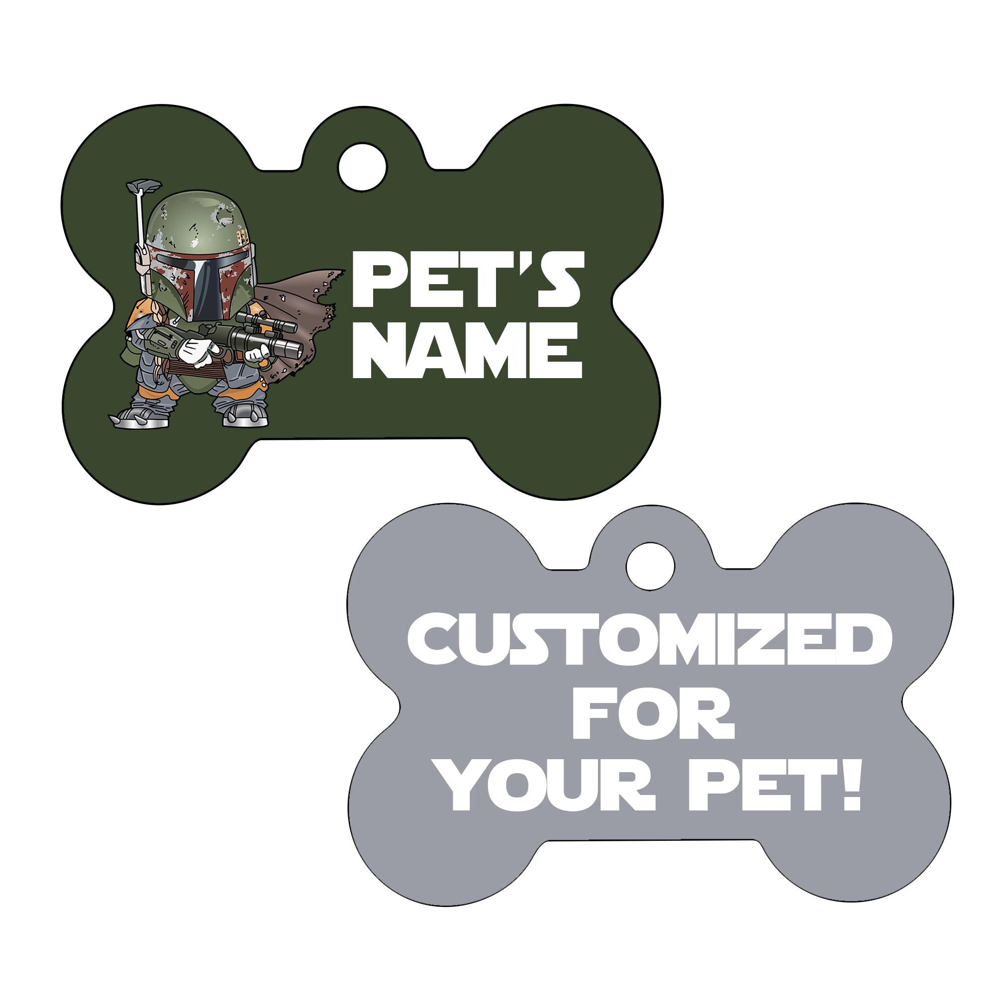 Personalized Double Sided Pet ID Tags for Dogs & Cats - Custom Engraved Bone Shape with Boba Fett Design | Perfect for Pet Safety, Travel & Daily Walks