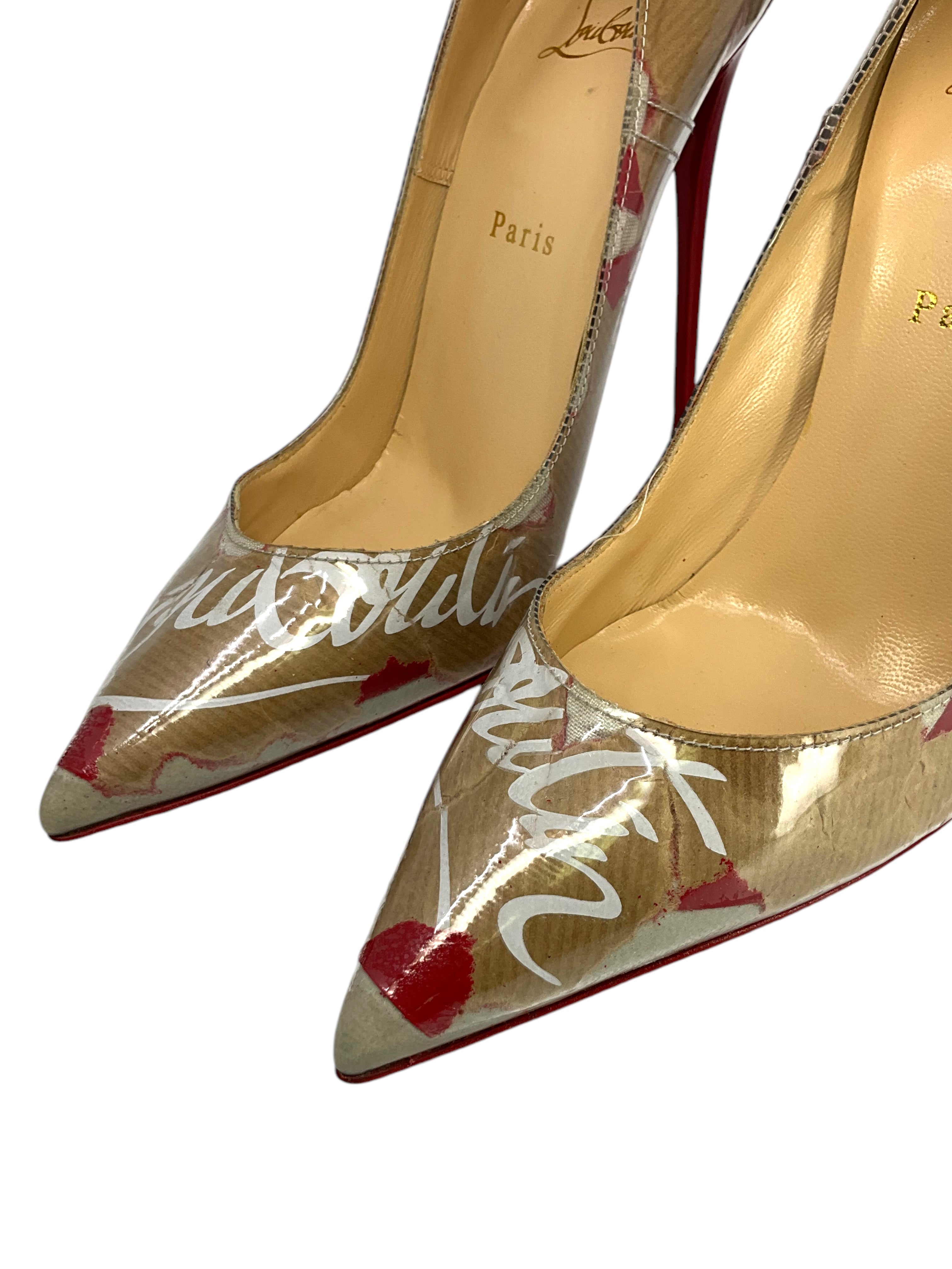 Christian Louboutin So Kate 120mm Pumps - Black PVC & Printed Kraft Paper - Women's Size 9 (US) - Perfect for Evening Parties, Weddings & Special Occasions