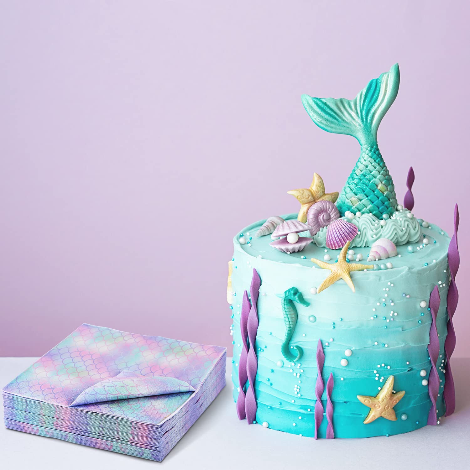 40 Pack Mermaid Party Napkins 13x13 Inches - Blue Mermaid Birthday Party Supplies, Mermaid Theme Table Decorations for Birthday, Baby Shower, Bridal Shower & Themed Party Decor