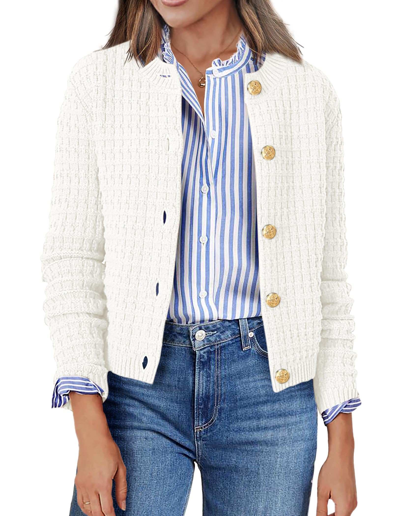 Zeagoo Women's 2025 Button Down Cardigan Sweater - Crew Neck Open Front Long Sleeve Knit Cropped Jacket for Casual Wear, Office Outfits & Fall Layering