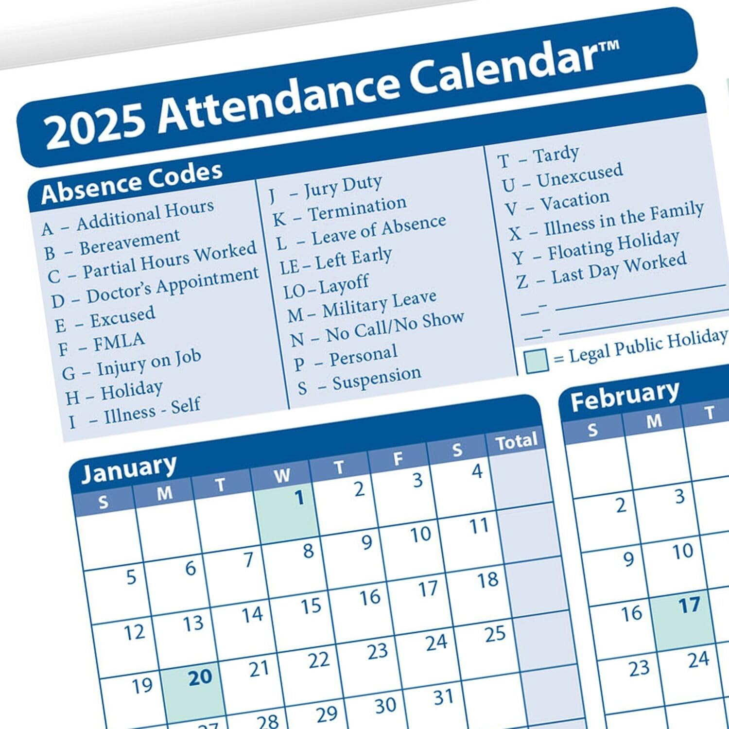 2025 Attendance Calendar Card - Pack of 25 White Business Cards - Perfect for Office, School, and Event Tracking