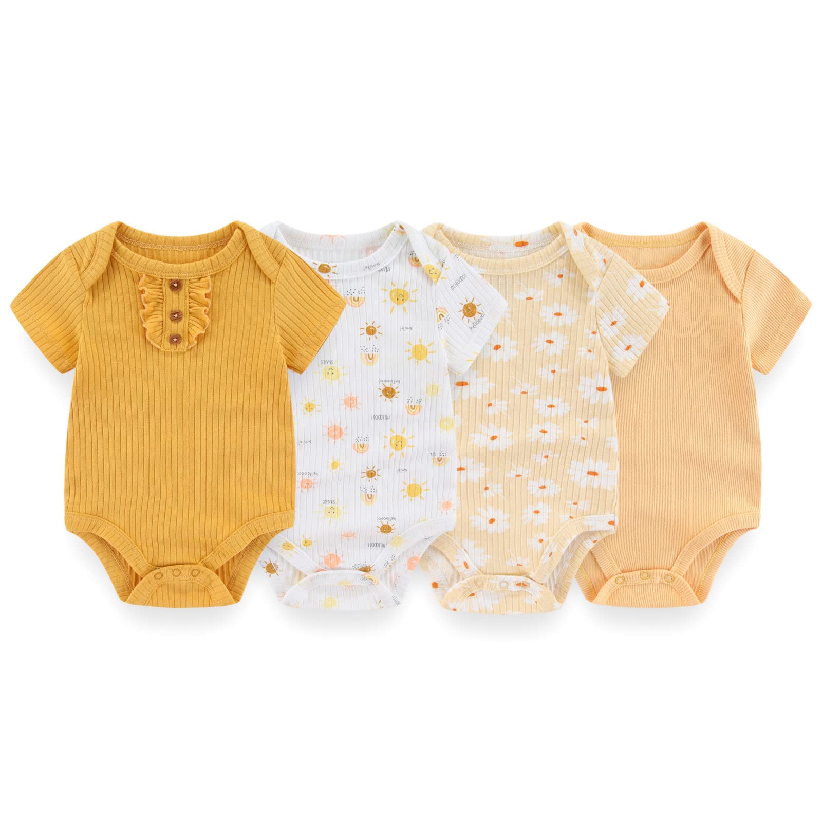 ZAV Solid Unisex Short Sleeve Baby Bodysuits 4-Pack - 100% Cotton Soft Infant Onesies with Cute Cartoon Prints for Boys & Girls - Perfect for Playtime, Daycare & Family Outings