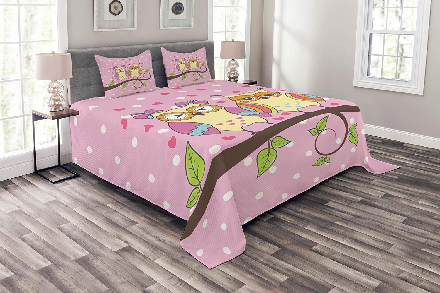 3-Piece Full Size Owl Duvet Cover Set with Zipper Closure & 2 Pillow Shams - Romantic Owls in Love on Branch Design with Polkadots, Leaves & Hearts in Pale Pink, Apple Green & Pale Yellow | Perfect for Bedroom Decor, Guest Room & Cozy Home Styling