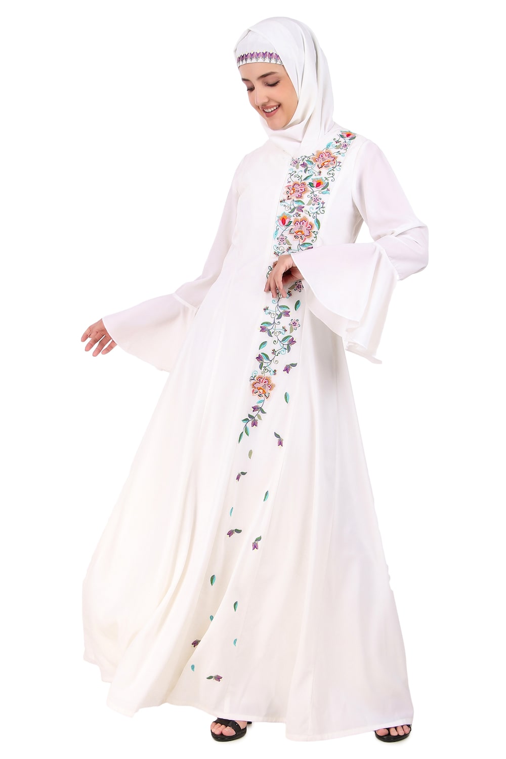 Hand Embroidered Princess Seam White Abaya - Elegant Muslim Prayer Dress for Women | Perfect for Eid, Ramadan & Special Occasions