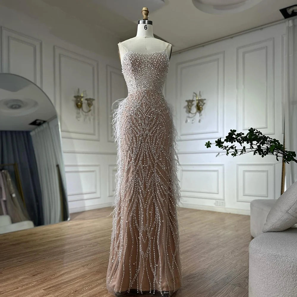 Elegant Dubai Arabic White Nude Spaghetti Strap Feather Beaded Mermaid Evening Gown - Formal Party Dress for Weddings, Galas & Red Carpet Events LA72823