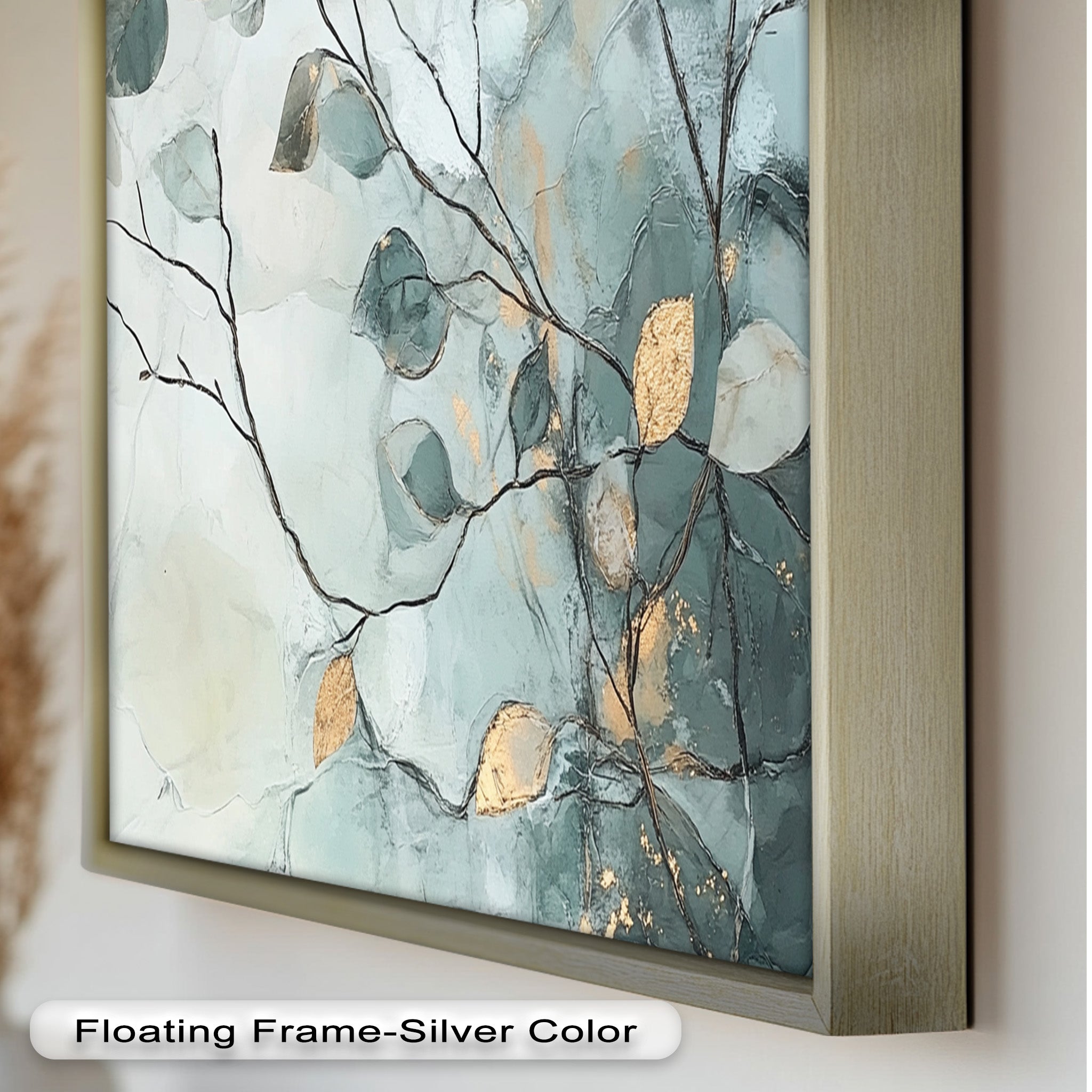 Blue and Metallic Leaf Branch Abstract Oil Painting - Handmade Canvas Wall Art for Living Room, Bedroom & Office Decor