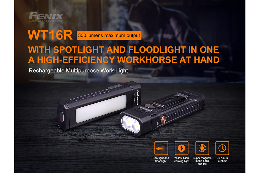 Fenix WT16R Rechargeable LED Work Light - 1600 Lumens, Magnetic Base, IP68 Waterproof - Perfect for Construction, Camping, Emergency & Outdoor Activities