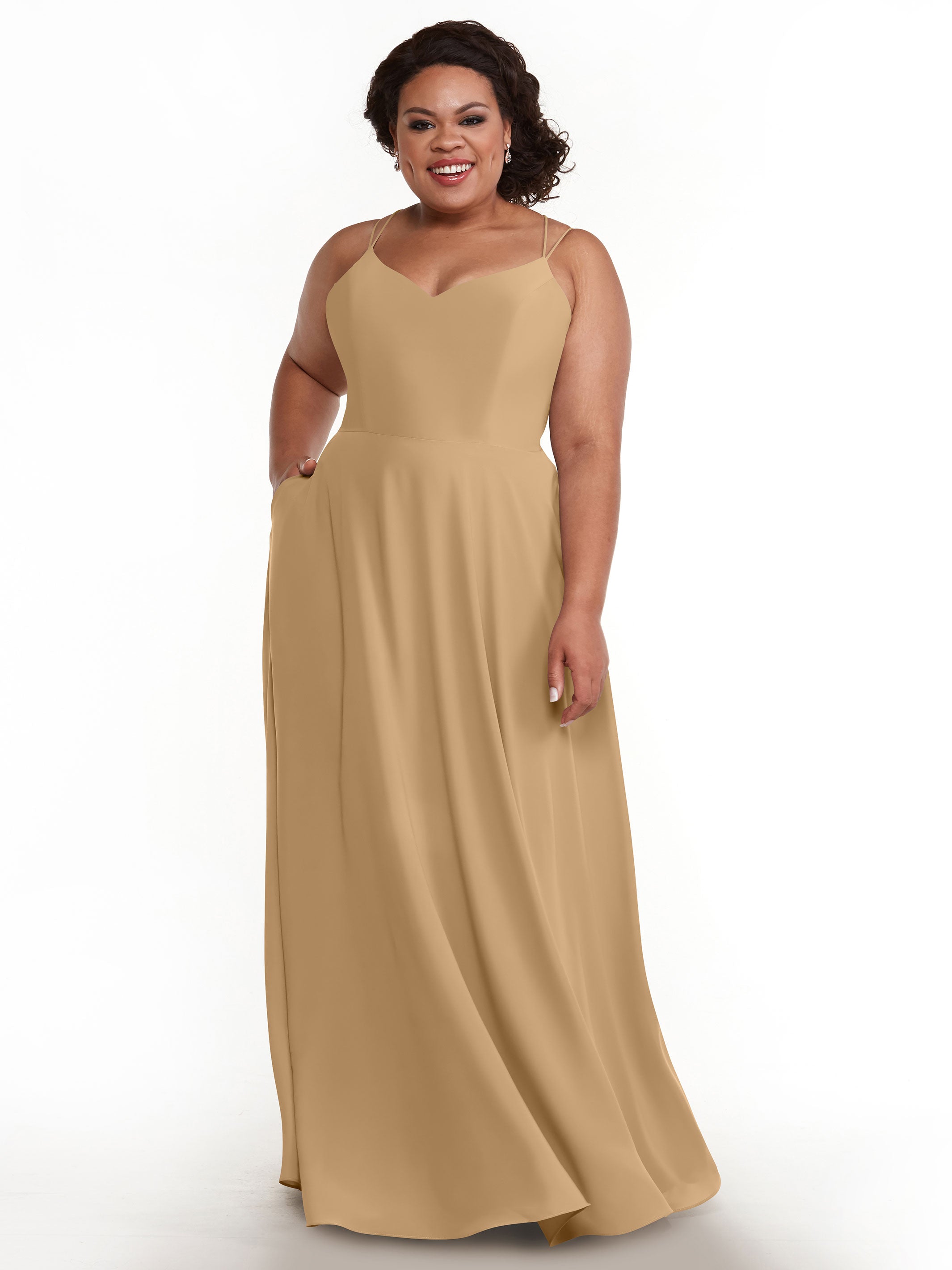 Elegant 83024 Stretch Chiffon A-Line Bridesmaid Dress with Pockets - Perfect for Weddings, Formal Events & Special Occasions