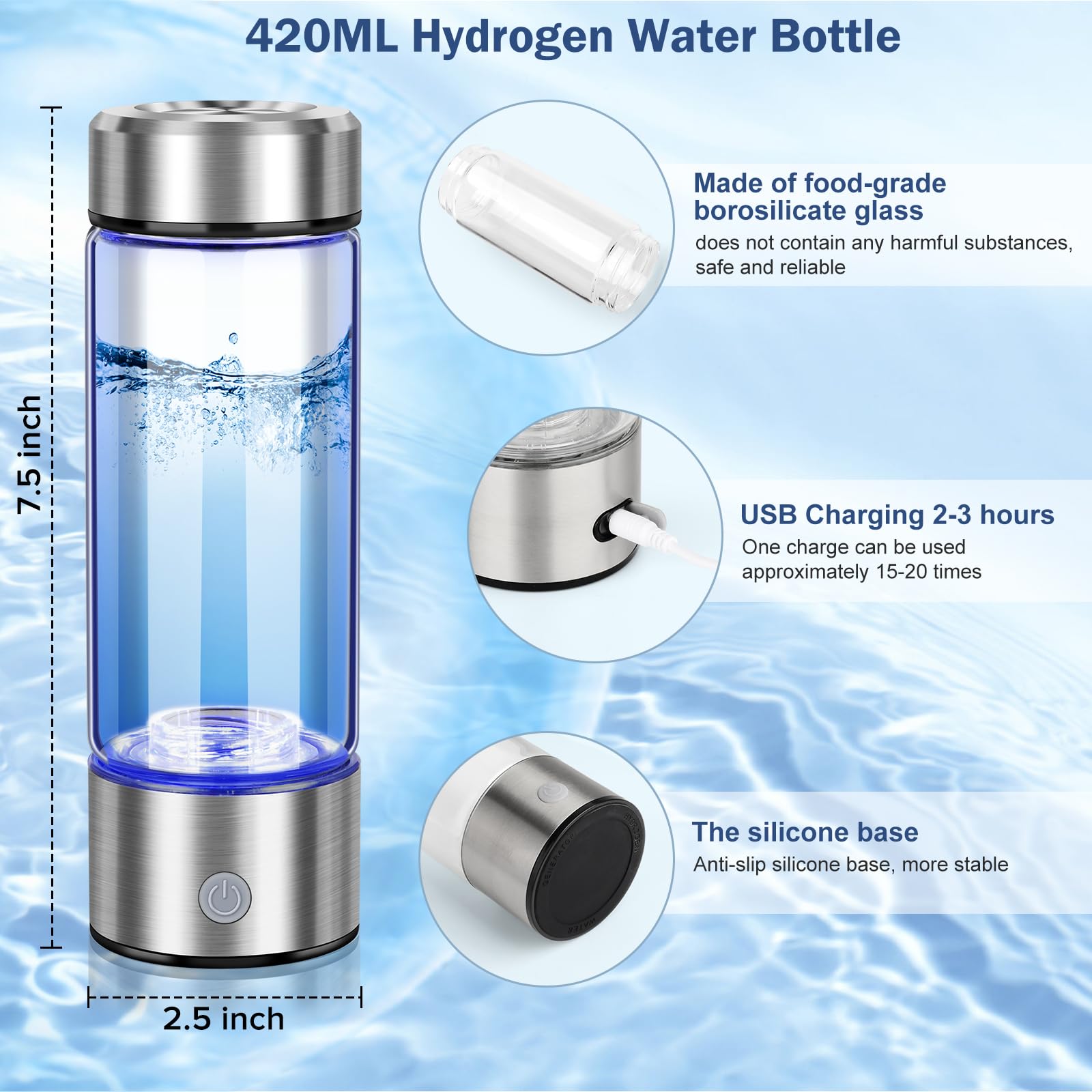Premium Hydrogen Water Bottle Generator with SPE PEM Technology – Fast 3-Minute Electrolysis for 1600PPB Hydrogen-Rich Water – Portable Hydrogen Generator for Home, Office, Travel & Wellness Routines