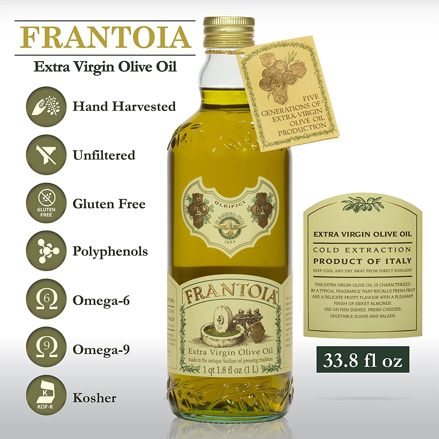 Premium Sicilian Extra Virgin Olive Oil - Frantoia Barbera, 33.8 OZ (1 Liter) - Pack of 4 - Cold Pressed, Unfiltered, Rich Flavor - Perfect for Salads, Pasta, Dips & Gourmet Cooking