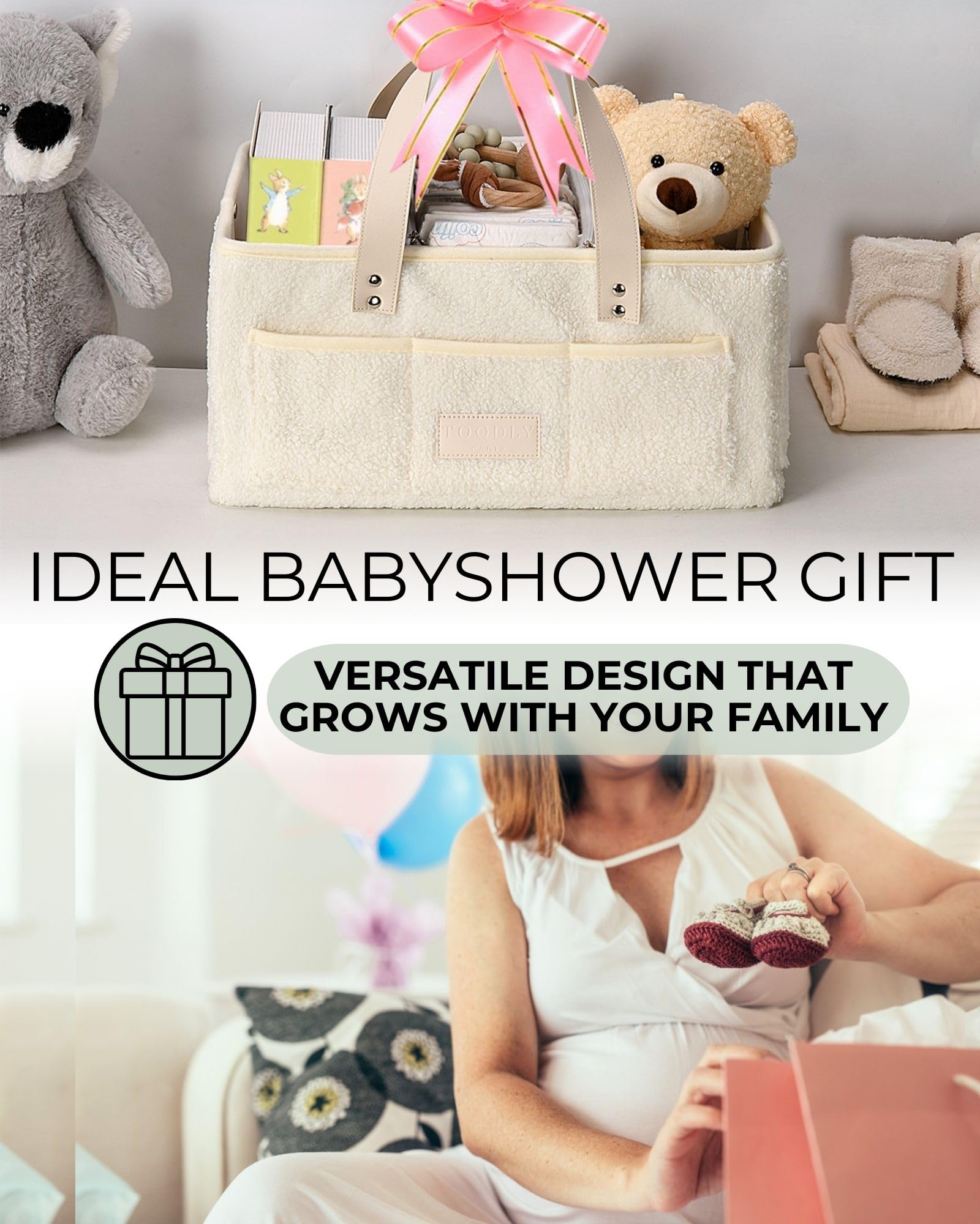 Portable Baby Diaper Caddy Organizer with Soft Teddy Fleece Changing Mat - Nursery Storage Basket for Diapers, Wipes & Essentials - Removable Dividers for Easy Organization - Perfect for Nursery, Bedroom or On-the-Go Diaper Changes