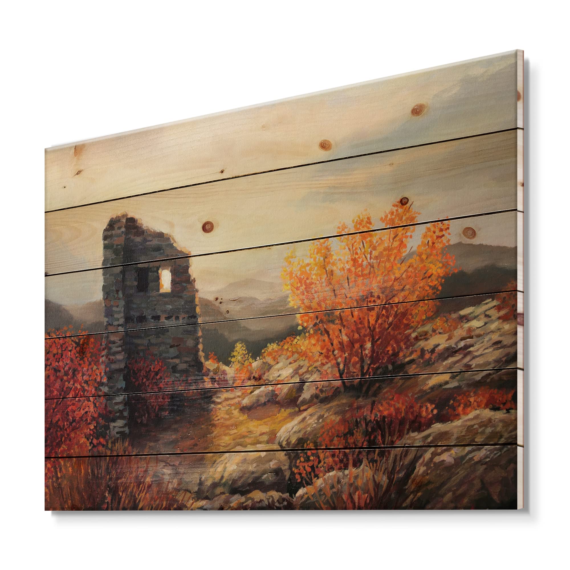 DesignQ Old Fortress Ruins Sunset Farmhouse Wood Wall Decor - Orange Landscape Wall Art - Large Pine Wood Wall Panels - Rustic Home & Office Decor for Living Room, Bedroom, Dining Room