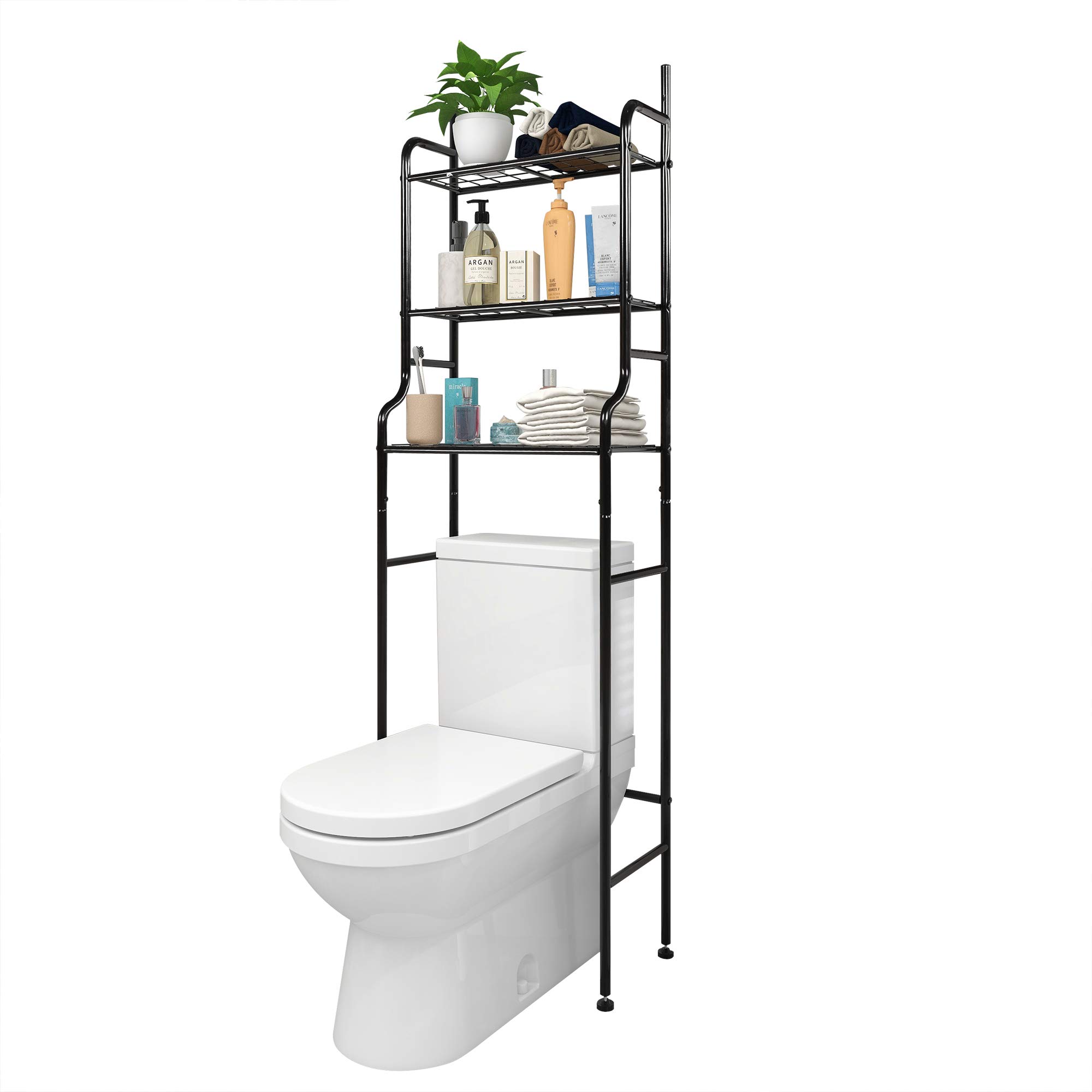 3-Tier Over The Toilet Storage Organizer - Space Saving Bathroom Shelf Unit with Corner Design for Towels, Toiletries & Cosmetics | Perfect for Small Bathrooms, Apartments & Dorm Rooms (Black)